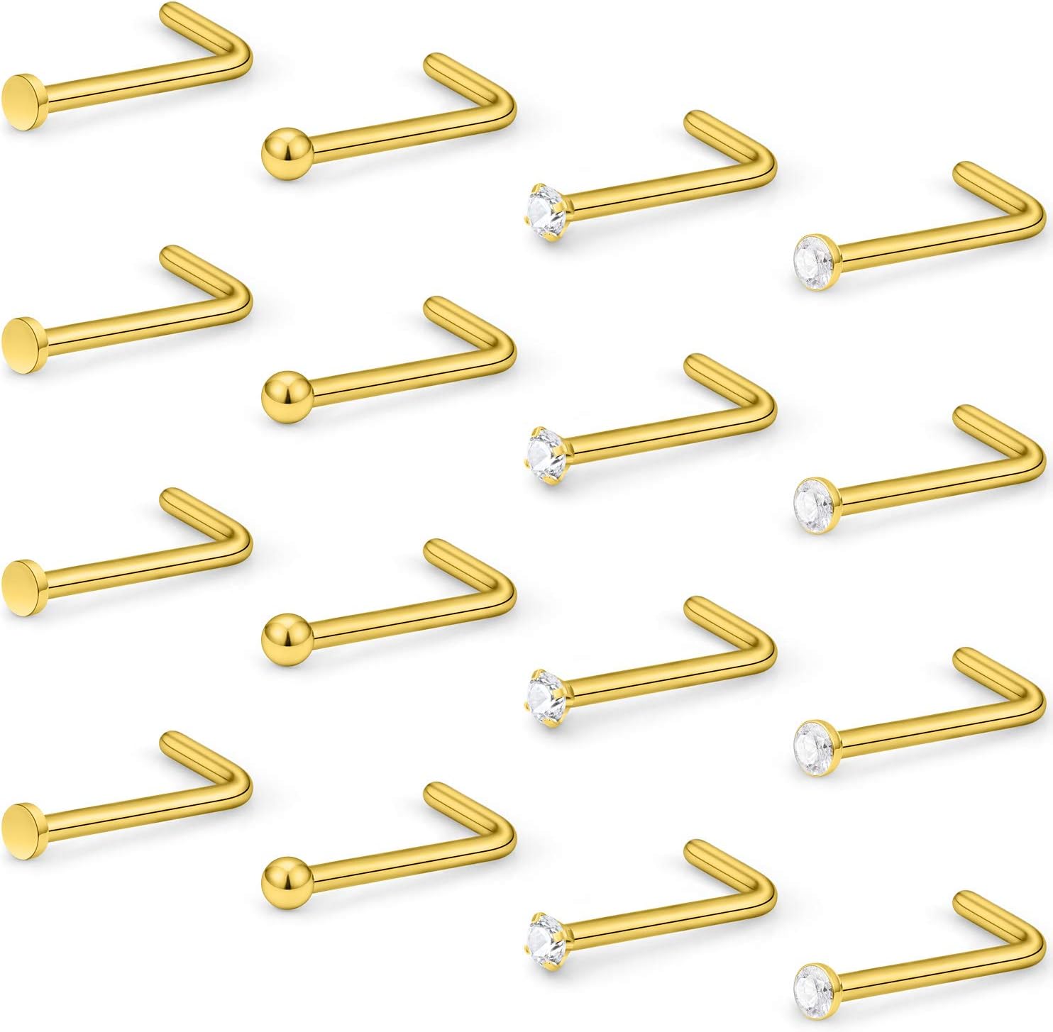 Hoeudjo 16Pcs Nose Rings 18G Nose Studs Surgical Steel 1.5MM Clear Crystal Nostril Ring Body Piercing Jewelry for Women Men