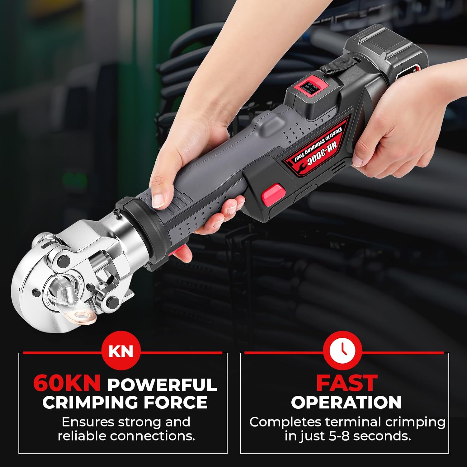 Electric Hydraulic Cable Lug Crimping Tool Kit Battery Powered, 6 Ton Terminal Cable Pliers 8AWG-600MCM 12pcs Dies with 2pcs 5Ah Battery for CU/Al Terminals