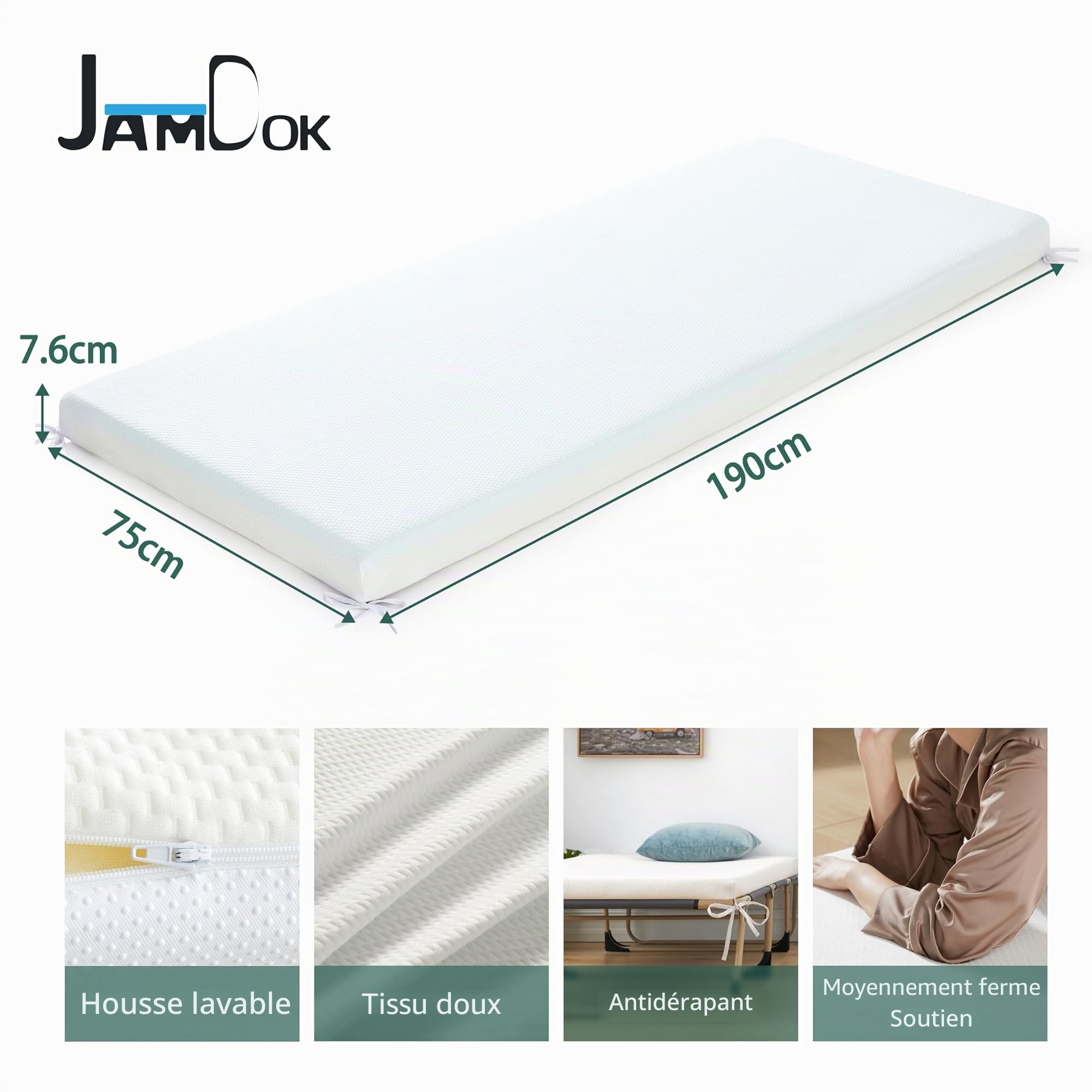Jamdok Surmatelas simple en mousse à mémoire de forme en gel pour lit de camping (190 x 75 x 7,6 cm) | Matelas de voiture cool, dessus de canapé, tapis de sol enroulable, tapis de couchage pliable, portable