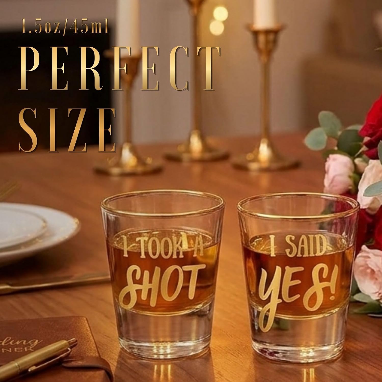 Onebttl Engagement Gift Shot Glass Set of 2, Funny Newly Engaged Gifts for Couples, 1.5 oz (45 ml) - I TOOK A SHOT, I SAID YES