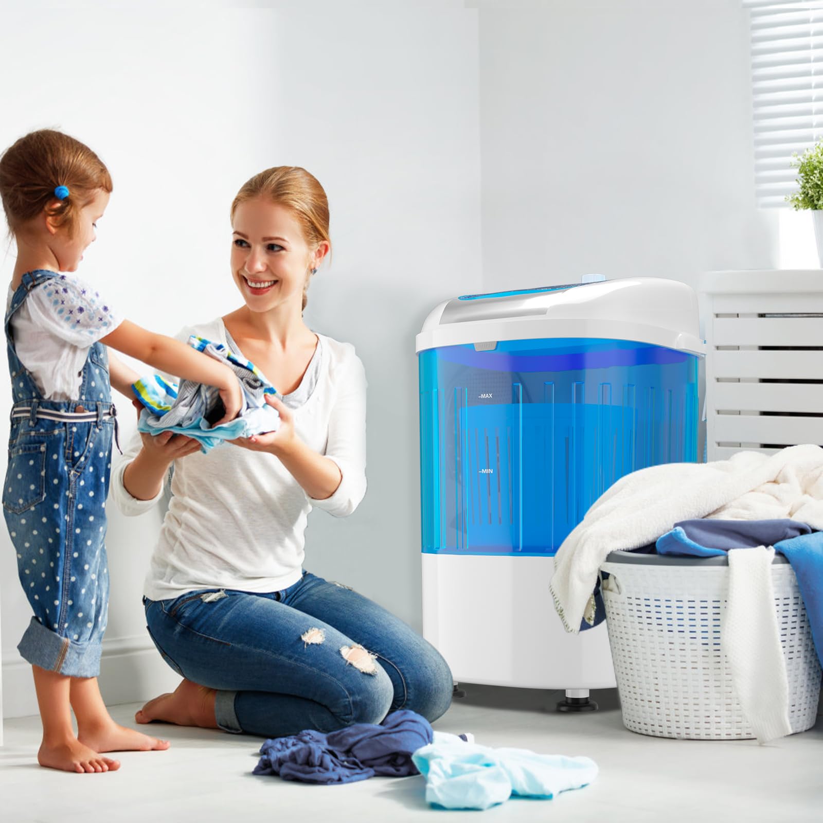 SOARS Mini Waschmaschine mit Schleuder, Camping waschmaschine bis 2 KG, mobile Reisewaschmaschine 170W mit Abflussschlauch, Waschmaschine Toploader, 36 x 34 x 51cm