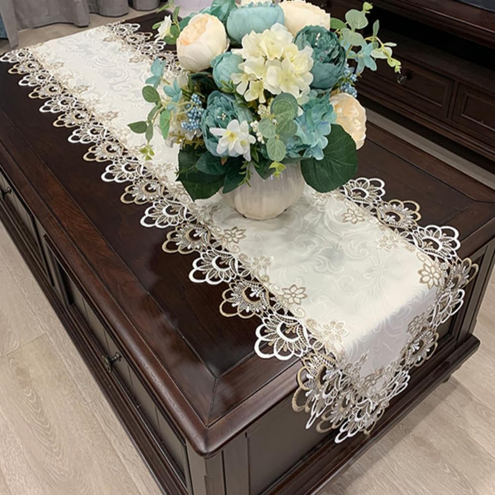 AMZALI Macrame Table Runners for Party, 70inch Runner Lace Floral Embroidered Rectangle Dresser Scarf Wedding Tabletop Table Decorations for Home and Dining Room Beige & White