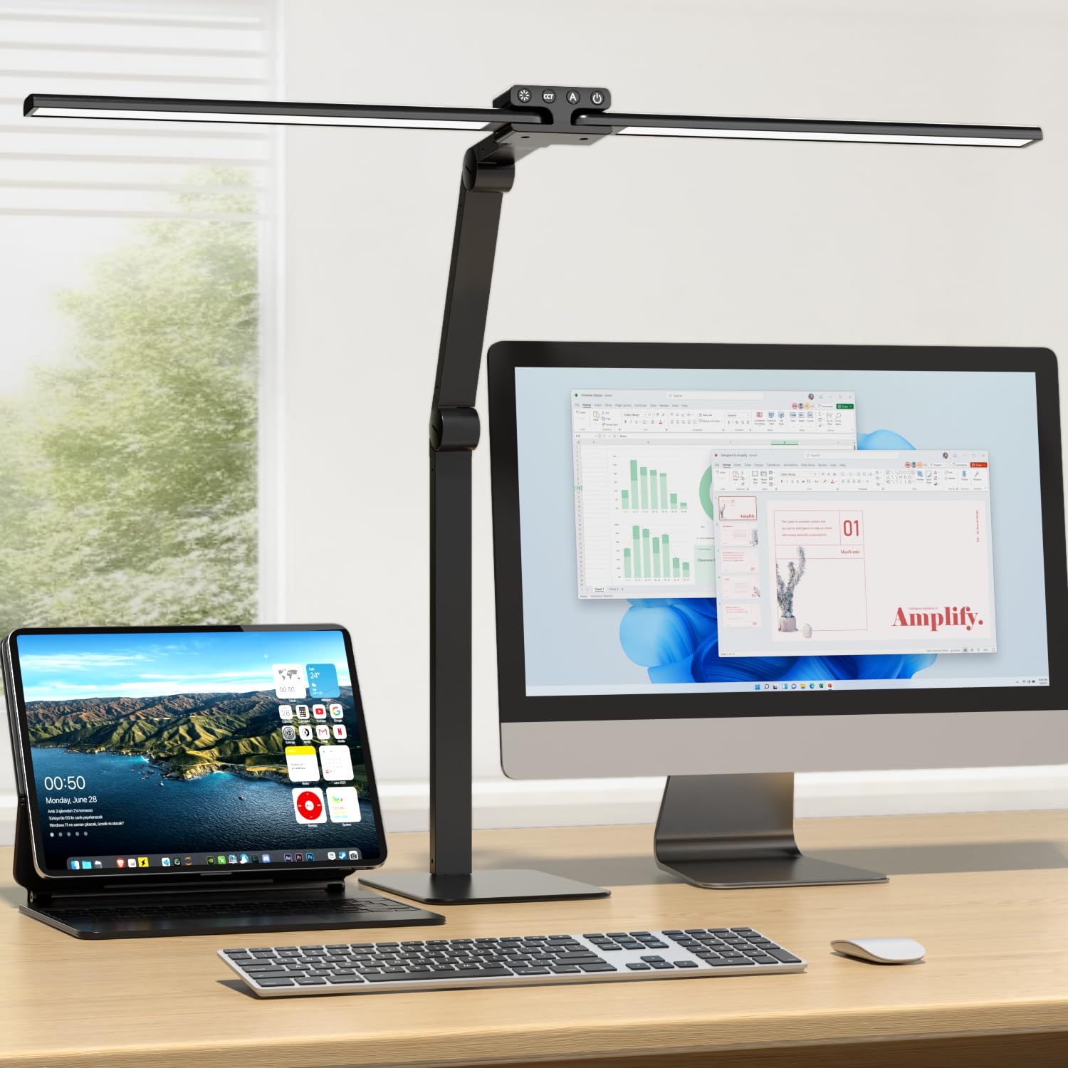 KableRika Schreibtischlampe LED Doppelkopf: 24W Dimmbar Schreibtischleuchte mit Metallbasis - Augenschutz büro tischlampe für Homeoffice - moderne tageslichtlampe beleuchtung für Monitor - Schwarz