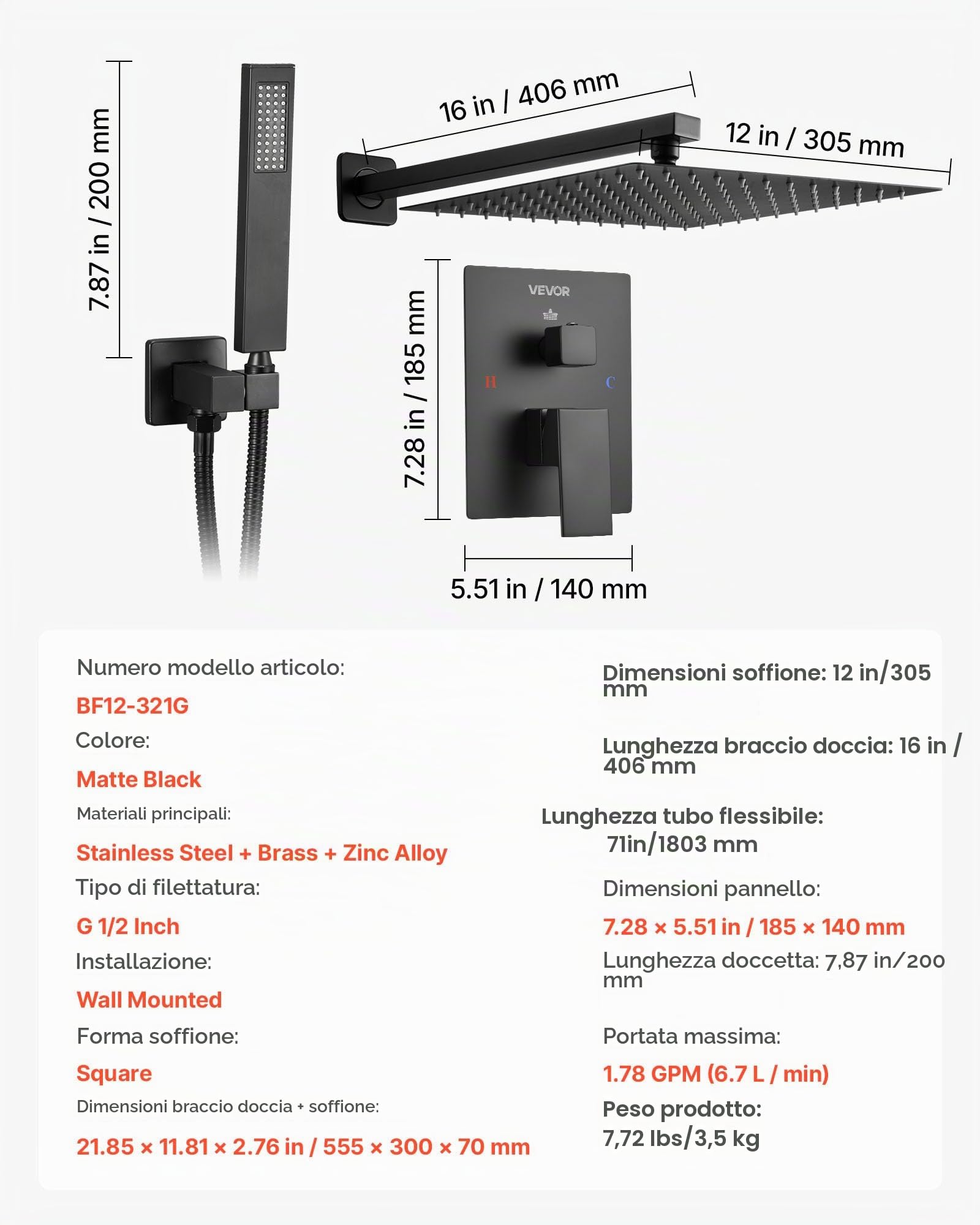 VEVOR Set Doccia, Flessibile Sistema Doccia a Pioggia per Bagno con Soffione Quadrato da 30,5 cm e Doccetta, Accessori per Vasca da Parete con Valvola in Ottone e Kit di Finitura, Nero Opaco