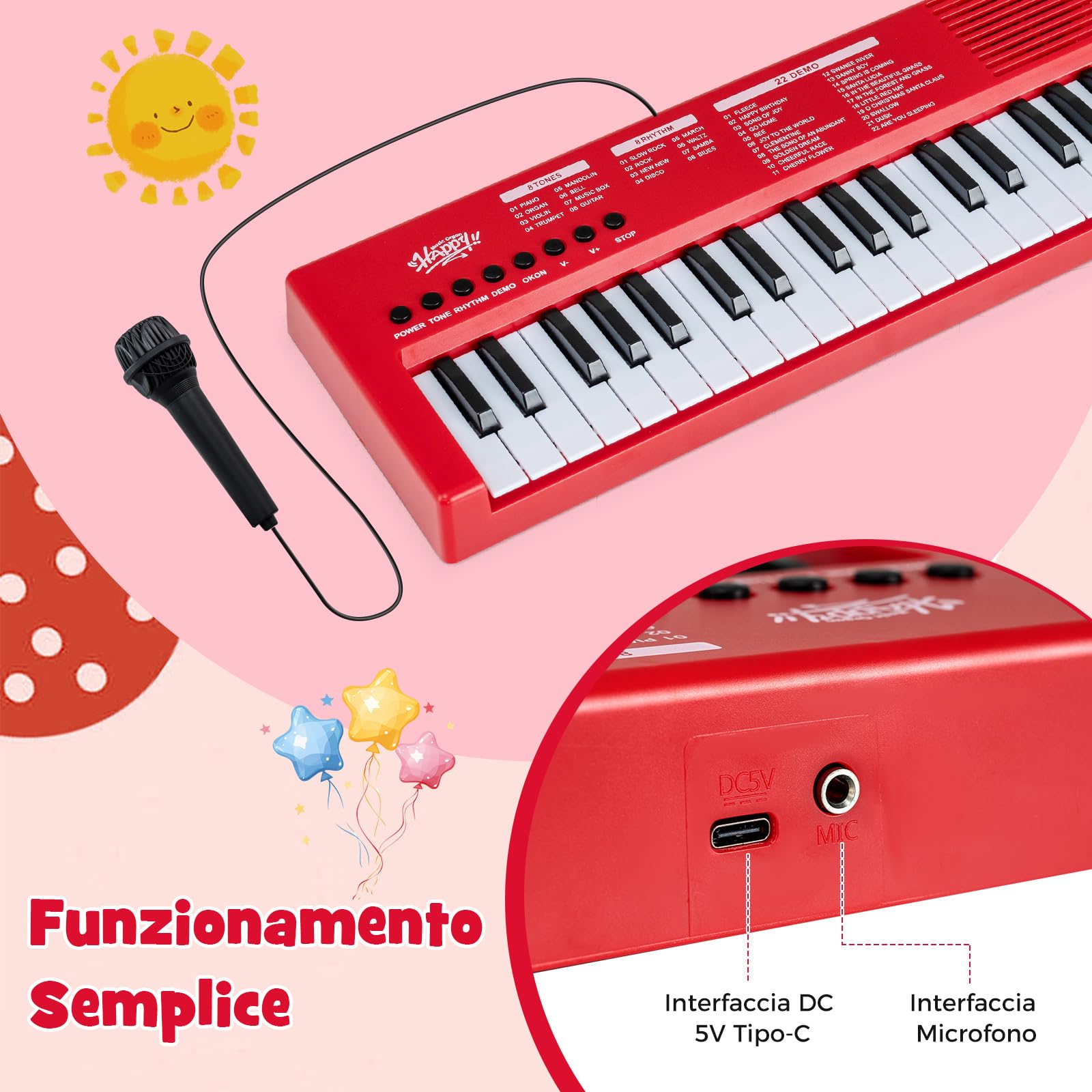 COSTWAY Pianoforte Digitale 37 Tasti per Bmabini 3+Anni (Rosso) | Pianola Portatile con 8 Ritmi, 8 Timbri e 22 Demo, Tastiera Musicale Educativo con Microfono e Cavo USB