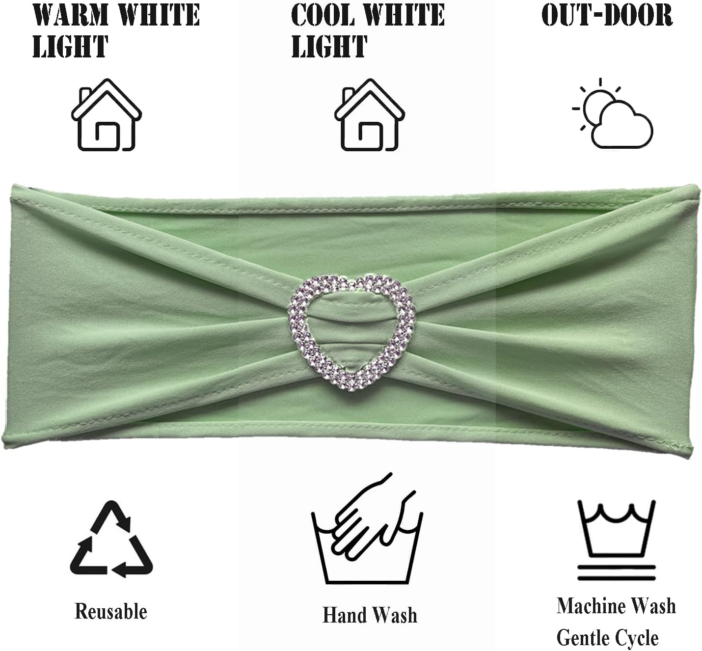 Sage Green Chair Sashes 100 Pack Spandex Sage Chair Sashes Bows with Heart Buckle Slider for Wedding Banquet Party Decorations