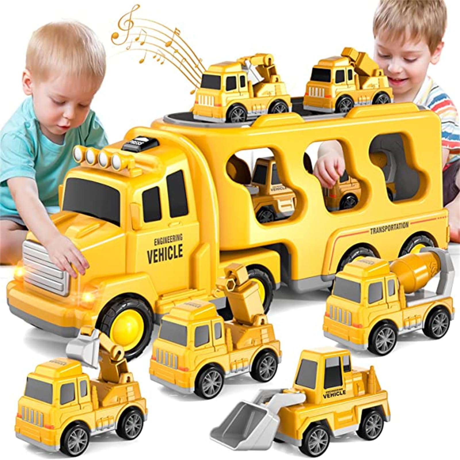 Construction Vehicle Toys for Kids, 5-in-1 Friction Power Vehicle Car Toy for Boys 3-5 Years Old, Toddler Trucks Toys Carrier Truck Toys for Boys, Christmas Birthday Gifts for Girls Age 3-9