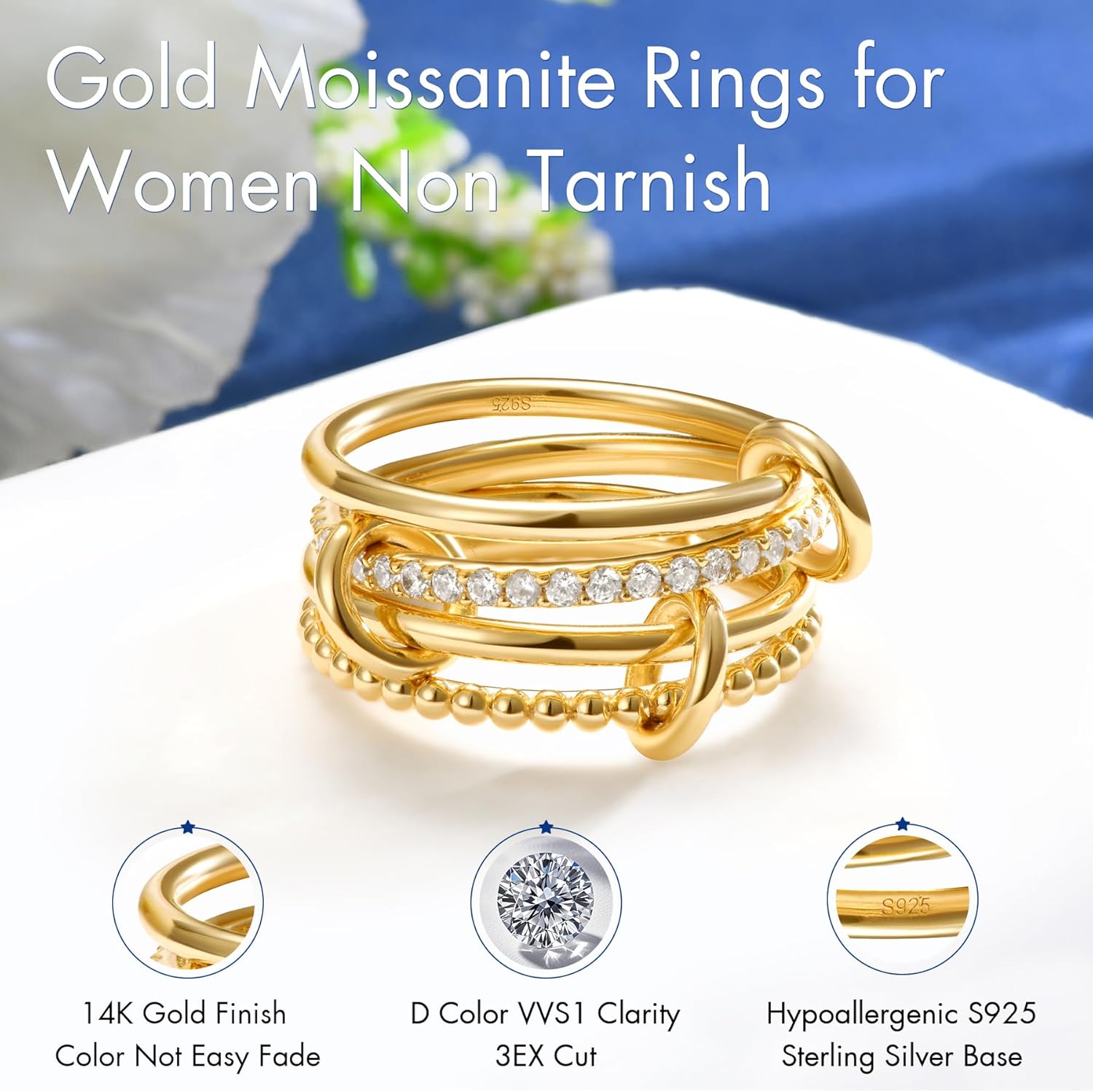 Kstyle 14K Gold Moissanite Spinelli Rings for Women, Dainty Stackable Band Ring Set for Wife Girlfriend (0.6cttw, D Color, VVS1 Clarity, 3EX Cut) 925 Sterling Silver Base Non Tarnish