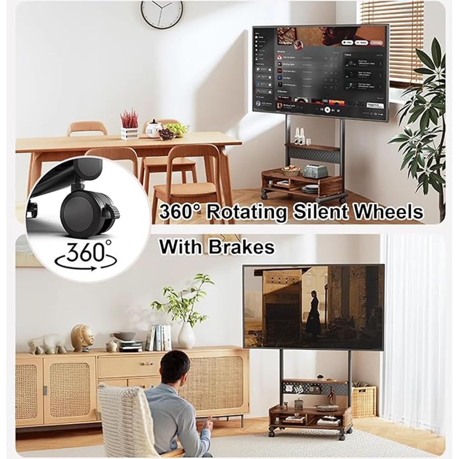 Carrello Porta TV Mobile con Ruote, Supporto da Pavimento per TV LCD, Mobile per La Maggior Parte dei Televisori da 40-85 Pollici Fino A 130 Libbre, Ruote Silenziose, Altezza Regolabile
