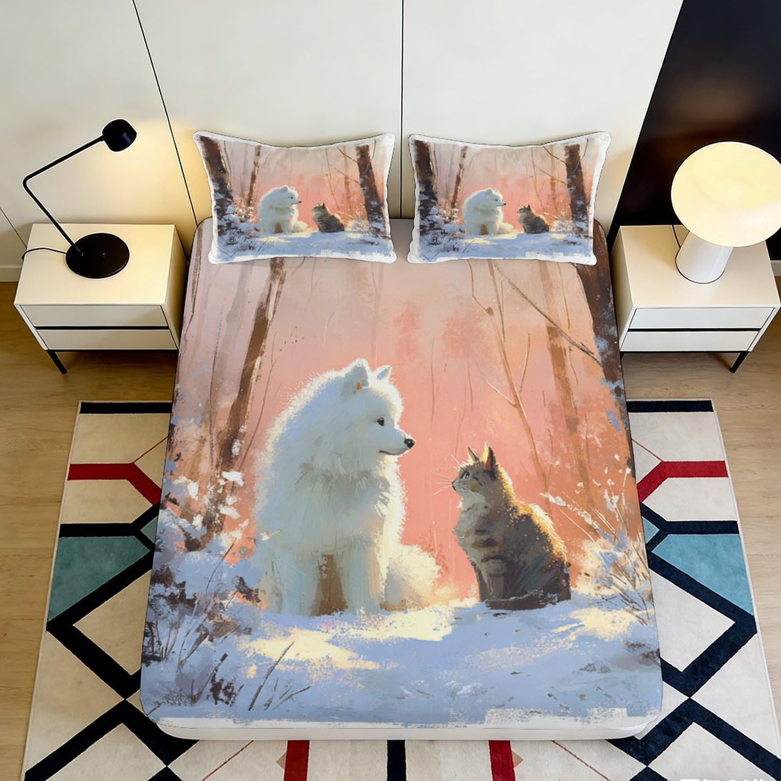 Pnayamiorkfel Style-8 3D Printed Winter Forest Fitted Sheet Microfiber Wolf Cat Mattress Cover For Bedroom Dorm Room Decor Protection 90X200x25cm