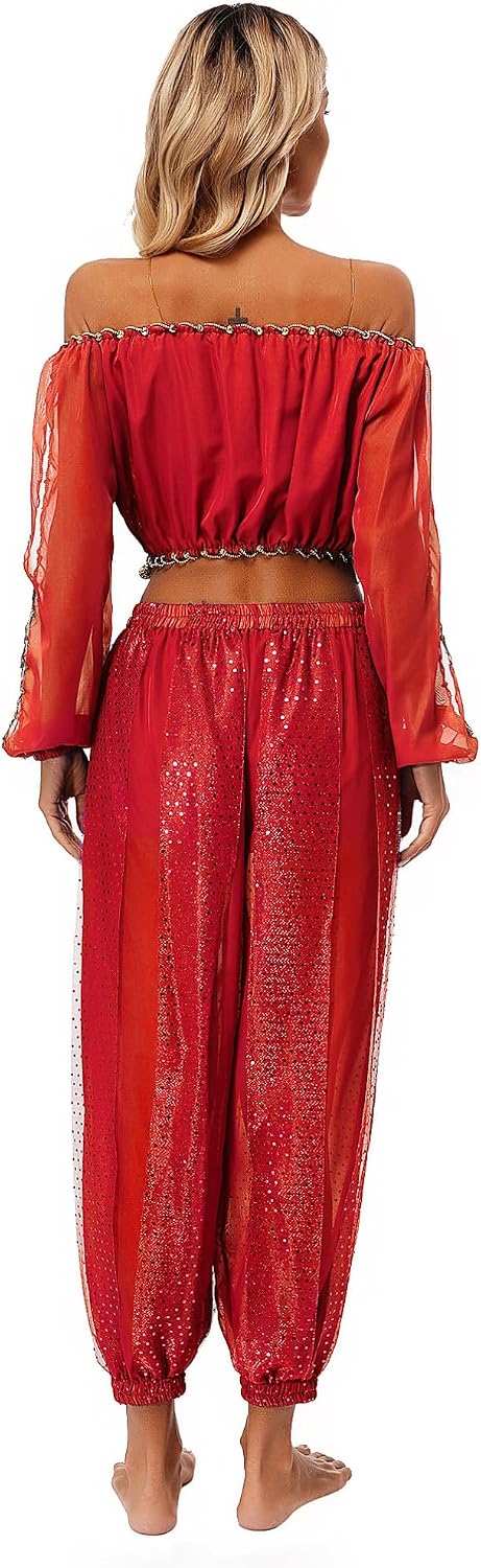 TiaoBug Women's Belly Dance Costume Sequined Long Sleeve Irregular Hem Crop Top with Chiffon Bloomers Pants