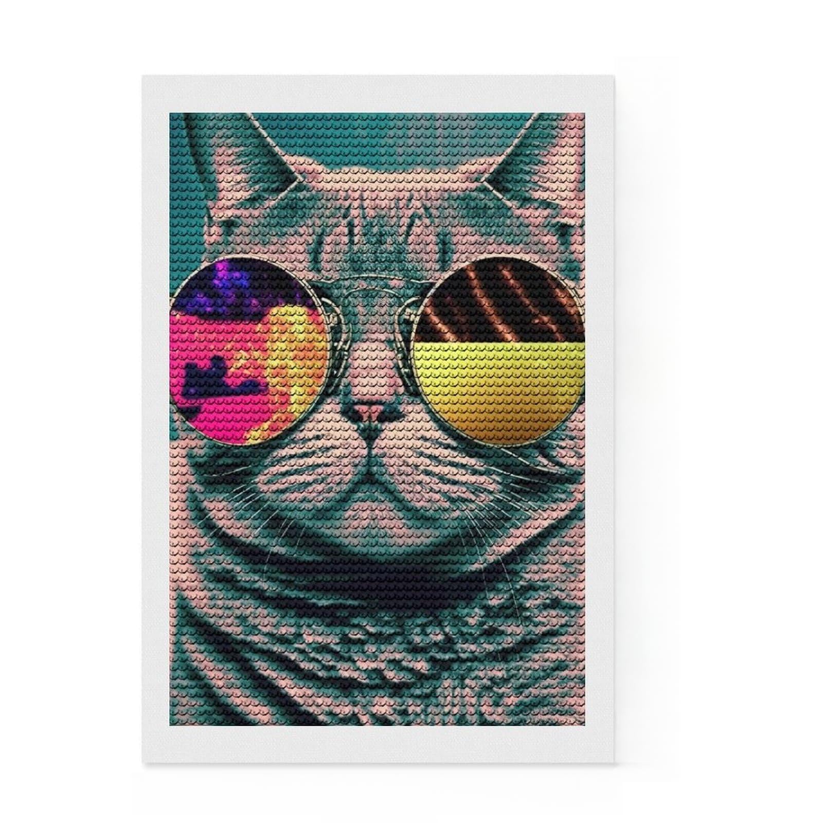 Junmoney Cat Neon Diamond Painting Set 8"x12", Stress Relief Craft, Finish and Display, Boho Decor, for Women, Sparkling Round Gems