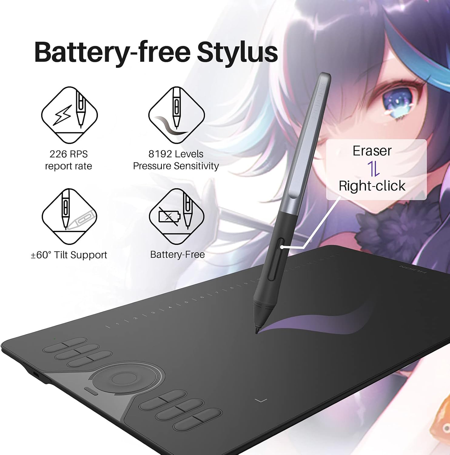 Flash Deals - 70% OFF Graphics Drawing Tablet, HUION HS610 10x6 Inch Digital Graphics Tablet Large Active Area with 8192 Levels Tilt Battery-Free Stylus and 12 Hot Keys 16 Soft Keys, Compatible with Windows/Mac/Android OS