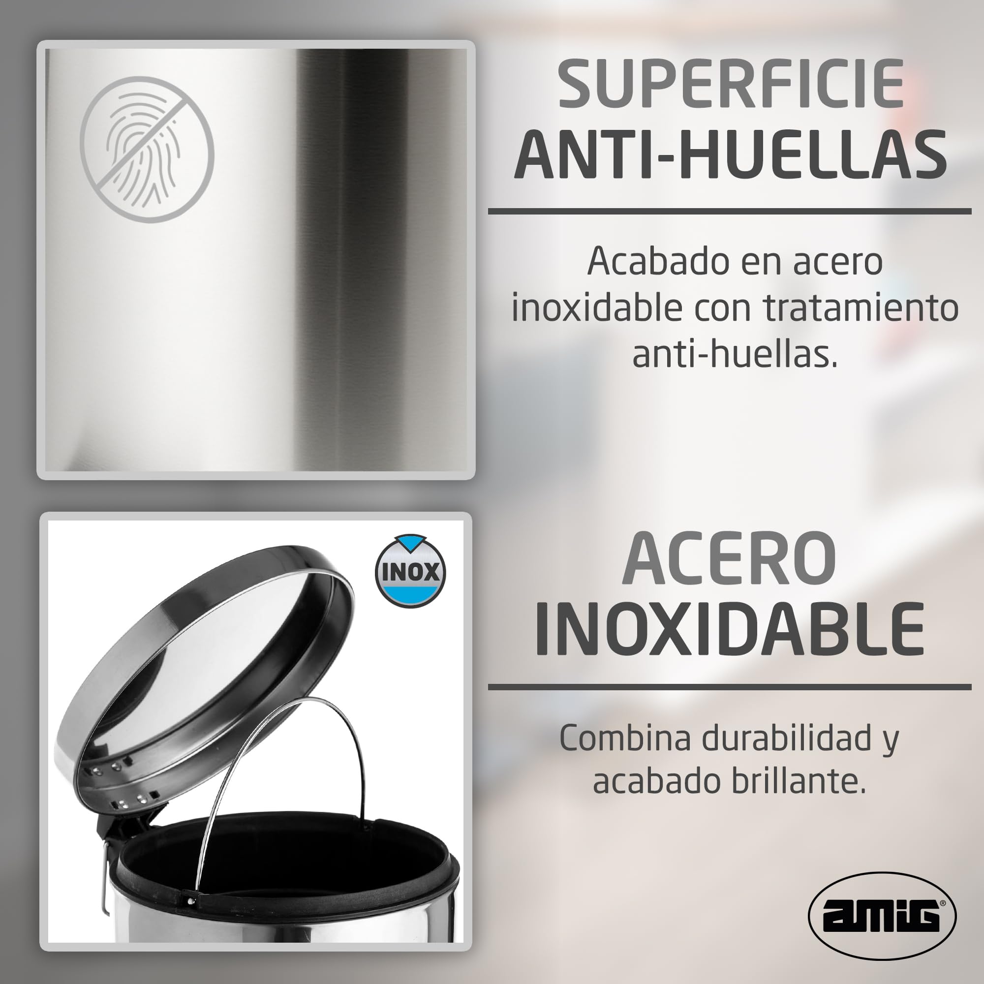 Amig - Cubo de Basura para Baño con Pedal 3 Litros Mod. Linea - Color Inox Pulido - Apertura Higiénica sin Manos - Ø16,8 x 25,5 cm - Acero Inoxidable - Papelera Redonda con Cubo Interior Removible