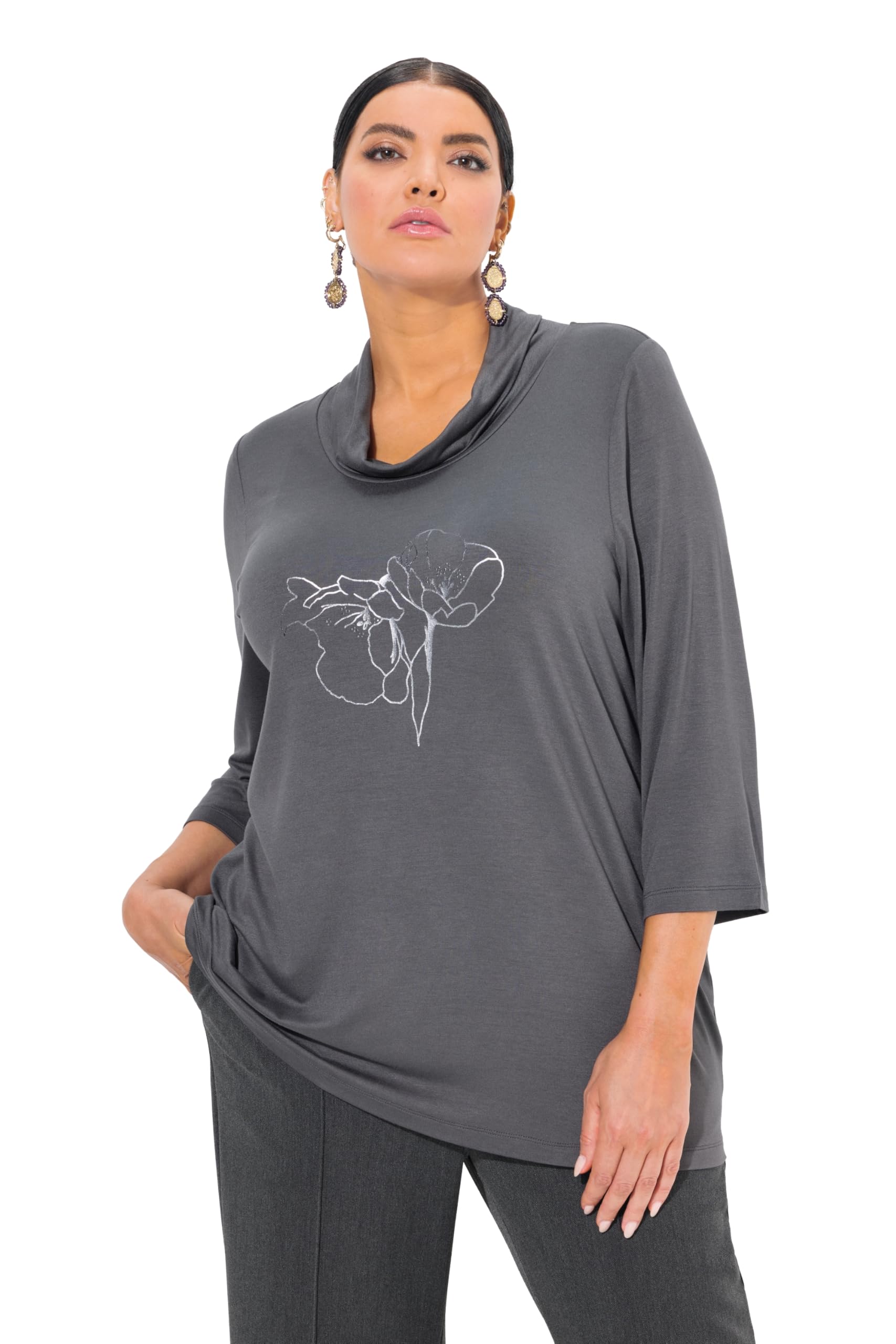 Ulla Popken Damen große Größen Übergrößen Plus Size Shirt, Metallic-Druck, Wasserfall-Ausschnitt, 3/4-Arm 837407