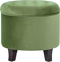 HomePop Green Velvet Tufted Round Storage Ottoman - Upholstered Foot Rest with Wood Legs for Living Room & Bedroom