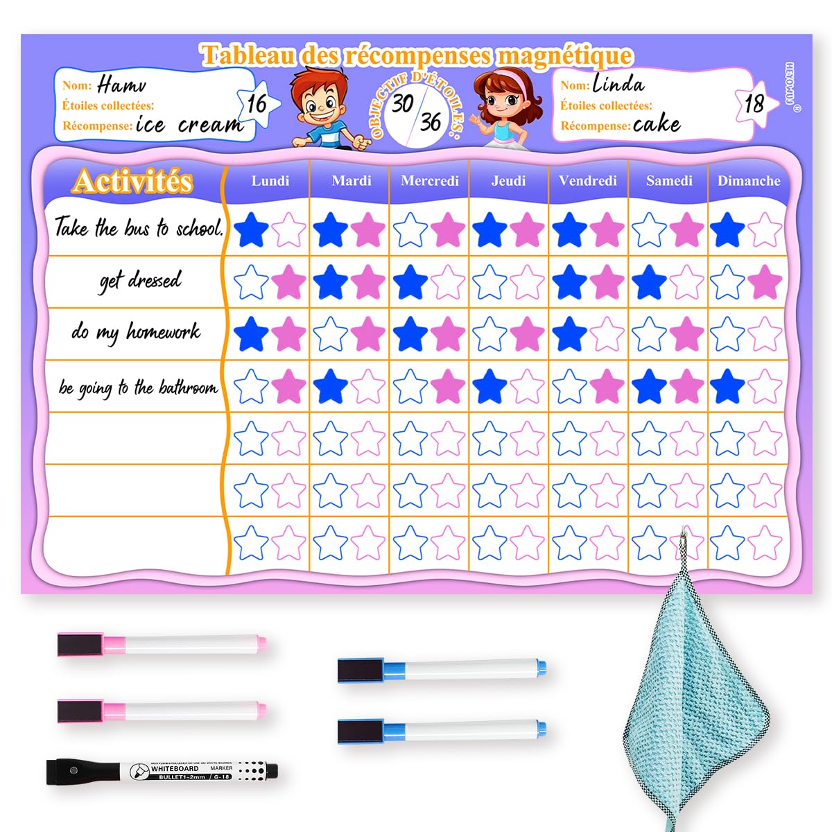 Tableau de Récompense Magnétique Enfant, Comportement et Routine Semainier Avec 5 Stylos - Pour Garçons et Filles, 34 X 24 cm, Français