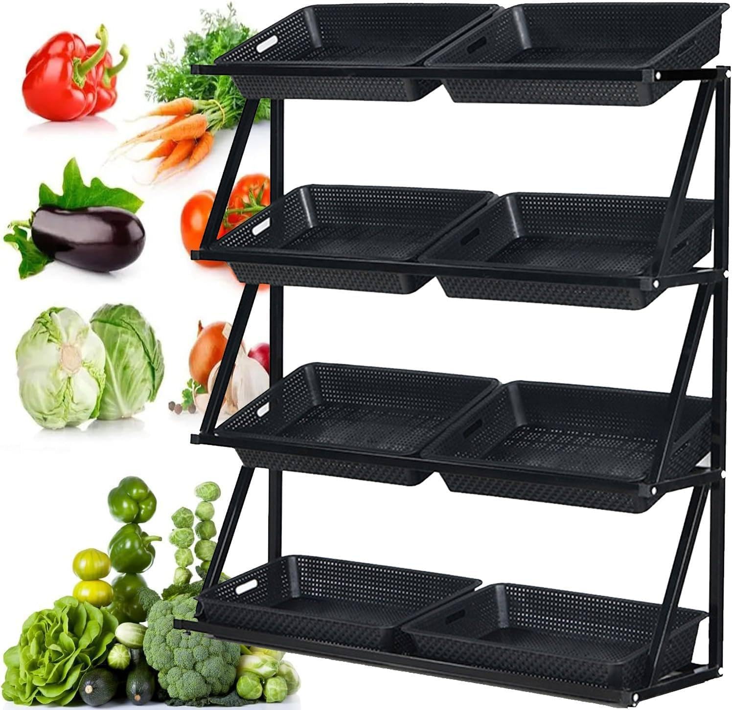 Memykoy Supermarket Fruit Vegetable Display Shelf with 8/10 Baskets, 4/5 Layer Market Stand for Retail Pantry Convenience Stores, Large Capacity Snack Storage Organizer Black-4Tier
