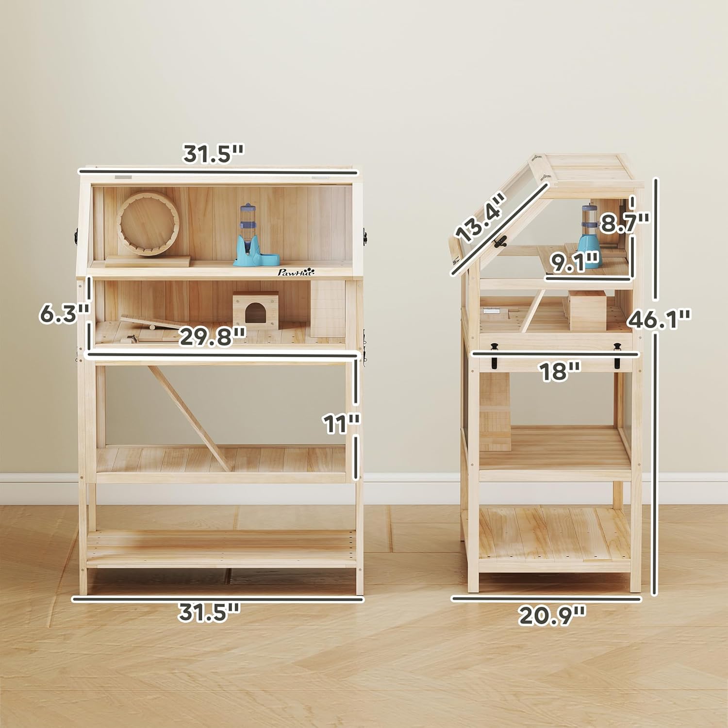 PawHut Wooden Hamster Cage, 3 Tier Small Animal Cage with Detachable Lower Floor, Storage Shelf, Hut, Seesaw, Exercise Wheel, Ramps, Hamster Habitat for Dwarf, Gerbil, 31.5" x 21" x 46"