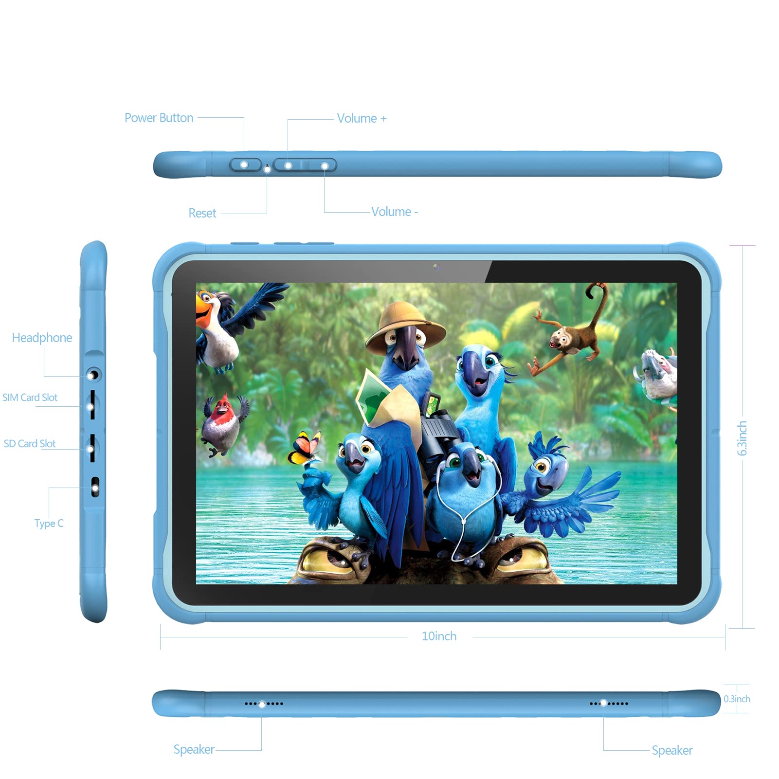 PRITOM Tablet dziecięcy 10 cali, Android 13.3G Phone Tablet, zabezpieczenie przed dziećmi, tablet WiFi dla dzieci, 6000 mAh, procesor Quad Core, 2 GB RAM, 64 GB ROM, ekran HD IPS