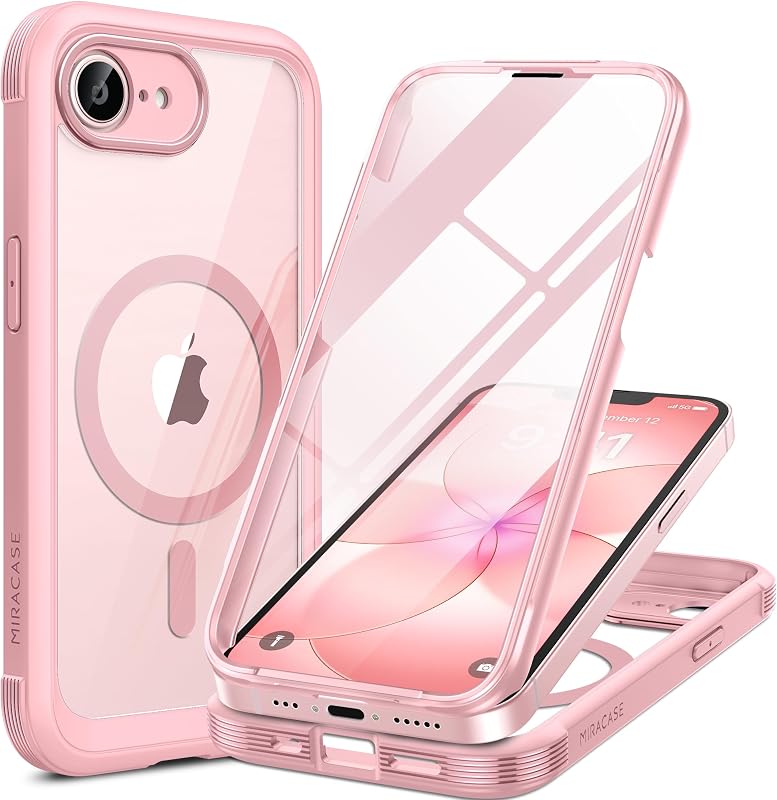 miracase for iPhone 17e Case & iPhone 16e Case, Full-Body Phone with Built-in Glass Screen Protector, [Magnetic with MagSafe] Military Drop Proof 17 E/ 16 E Cover Bumper, Pink