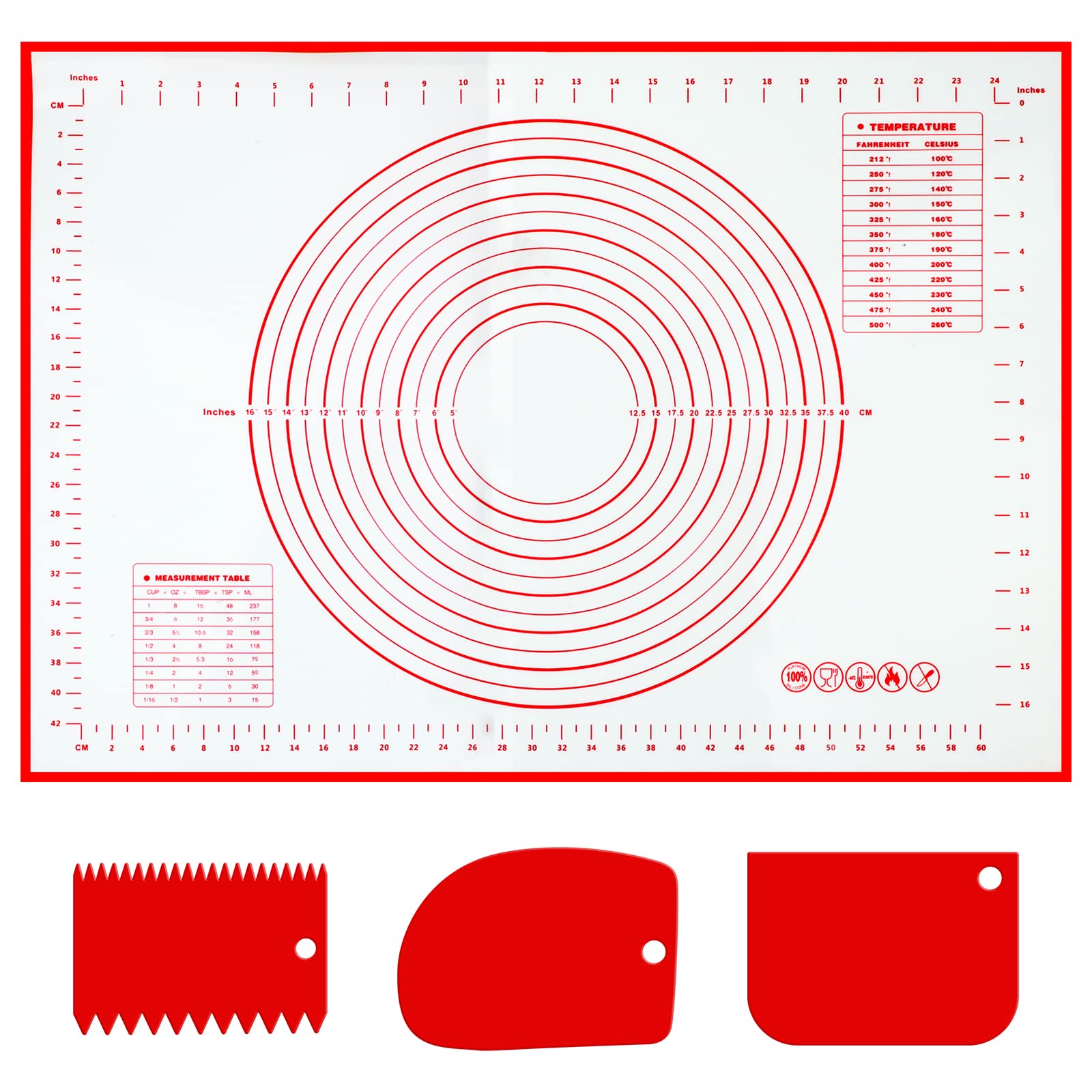 Alfombrilla de silicona para hornear, 60x40 cm, antiadherente, alfombrilla de extrusión con medición, reutilizable, accesorio para hornear con 3 espátulas para masa, fondant, galletas, pizza