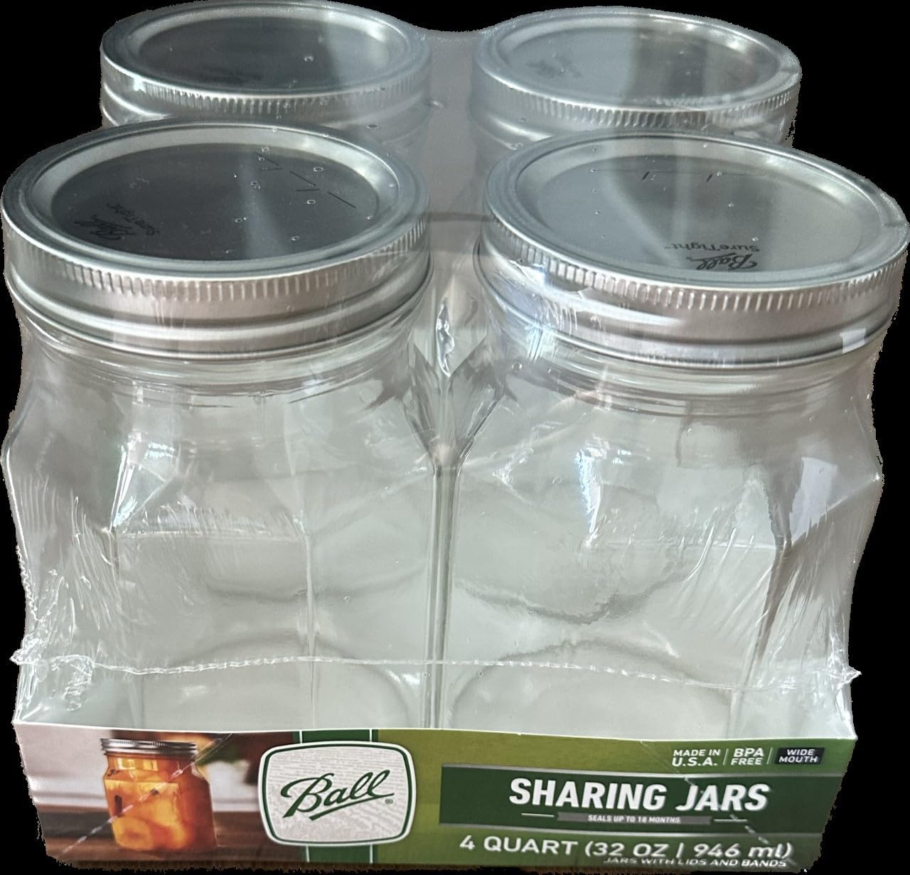 Ball Premium Glass Sharing Jar, Wide Mouth, 32 oz, 4 Count