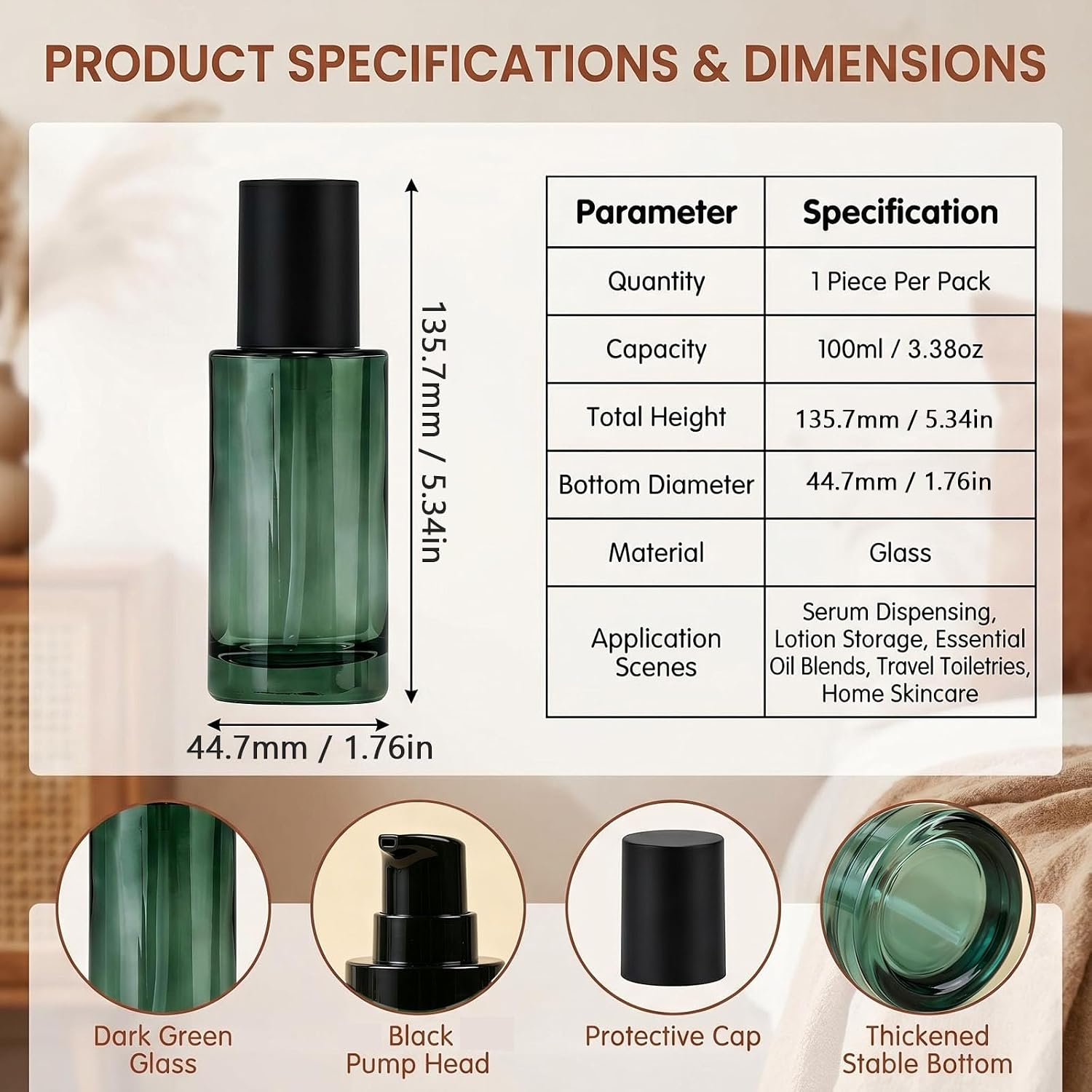 3.4oz Dark Green Travel Glass Pump Bottle Refillable Dispenser