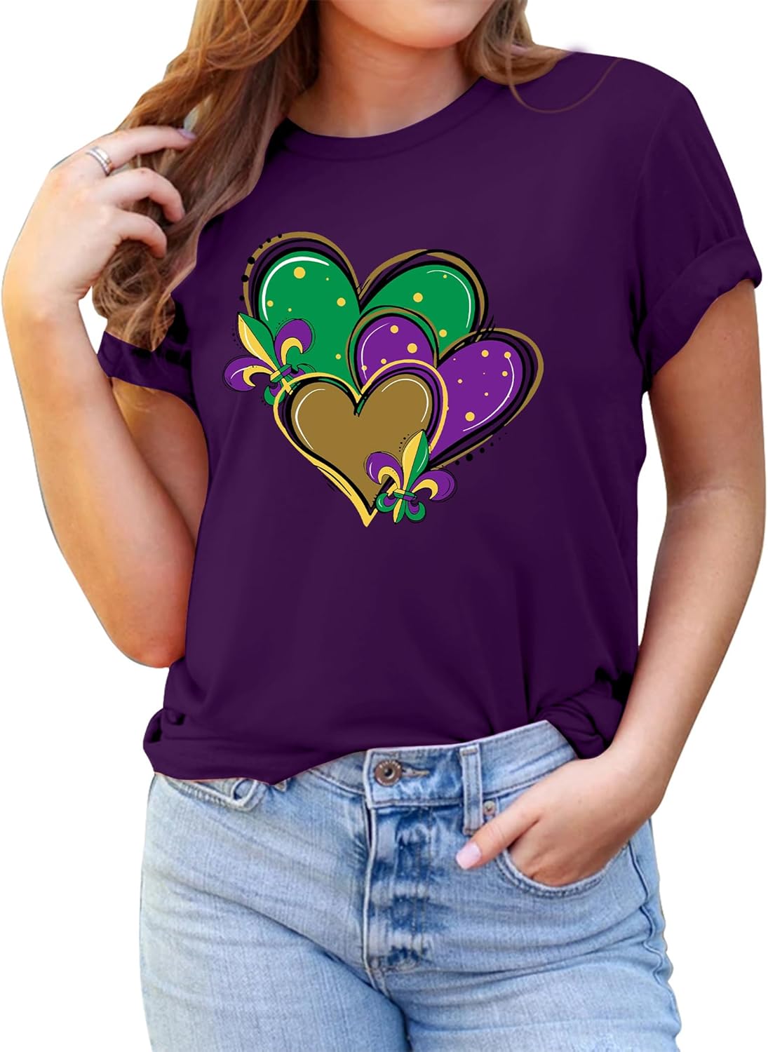 MAIHUN Happy Mardi Gras Shirt Womens Mardi Gras Day Heart Tshirt Tuesday Carnival Tee New Orleans Party Short Sleeve - Image 2