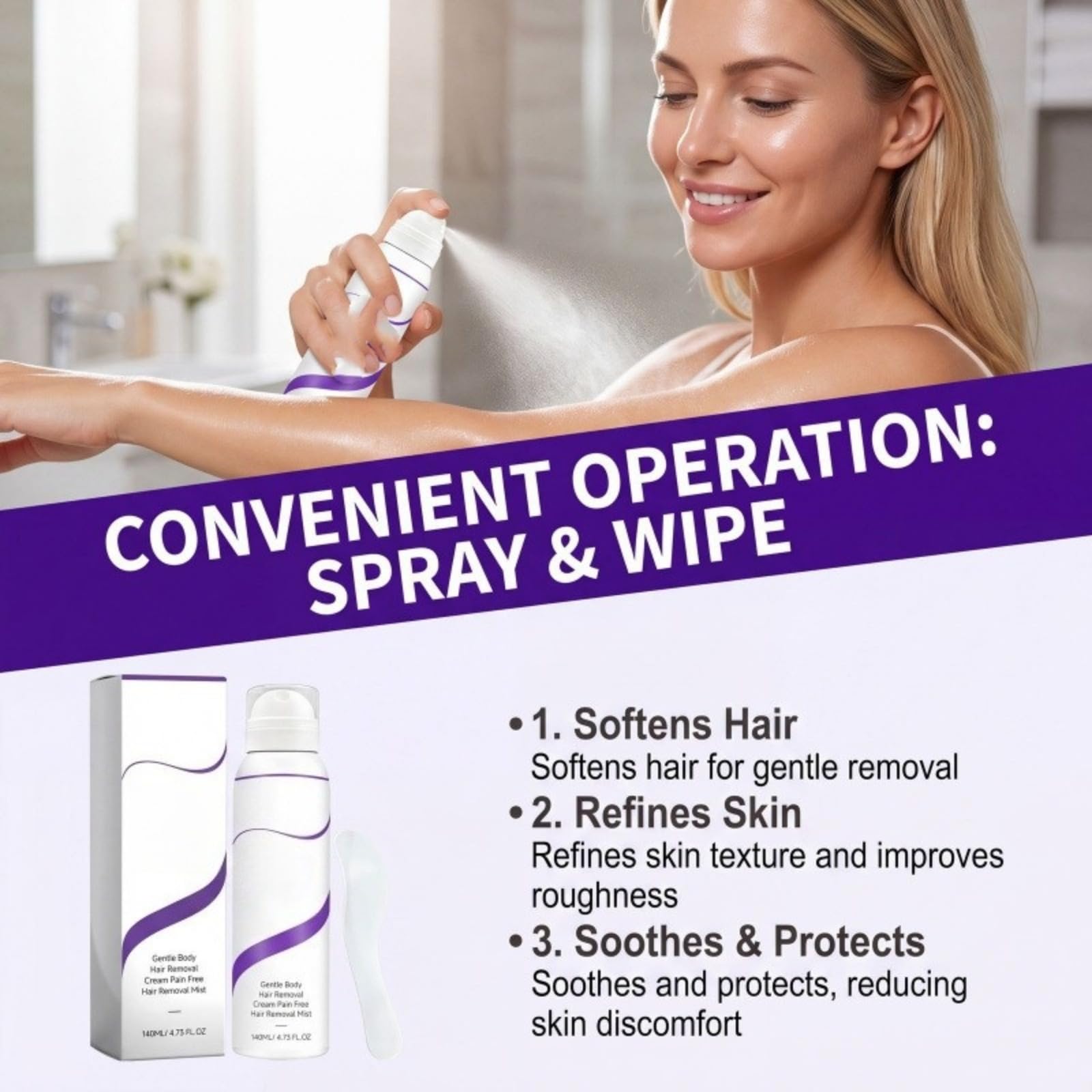 Enthaarungscreme, sanft für den Körper, seidiges und schmerzloses Enthaarungsspray für Frauen und Männer, Epilierprodukt mit schneller Wirkung, geeignet für empfindliche Haut