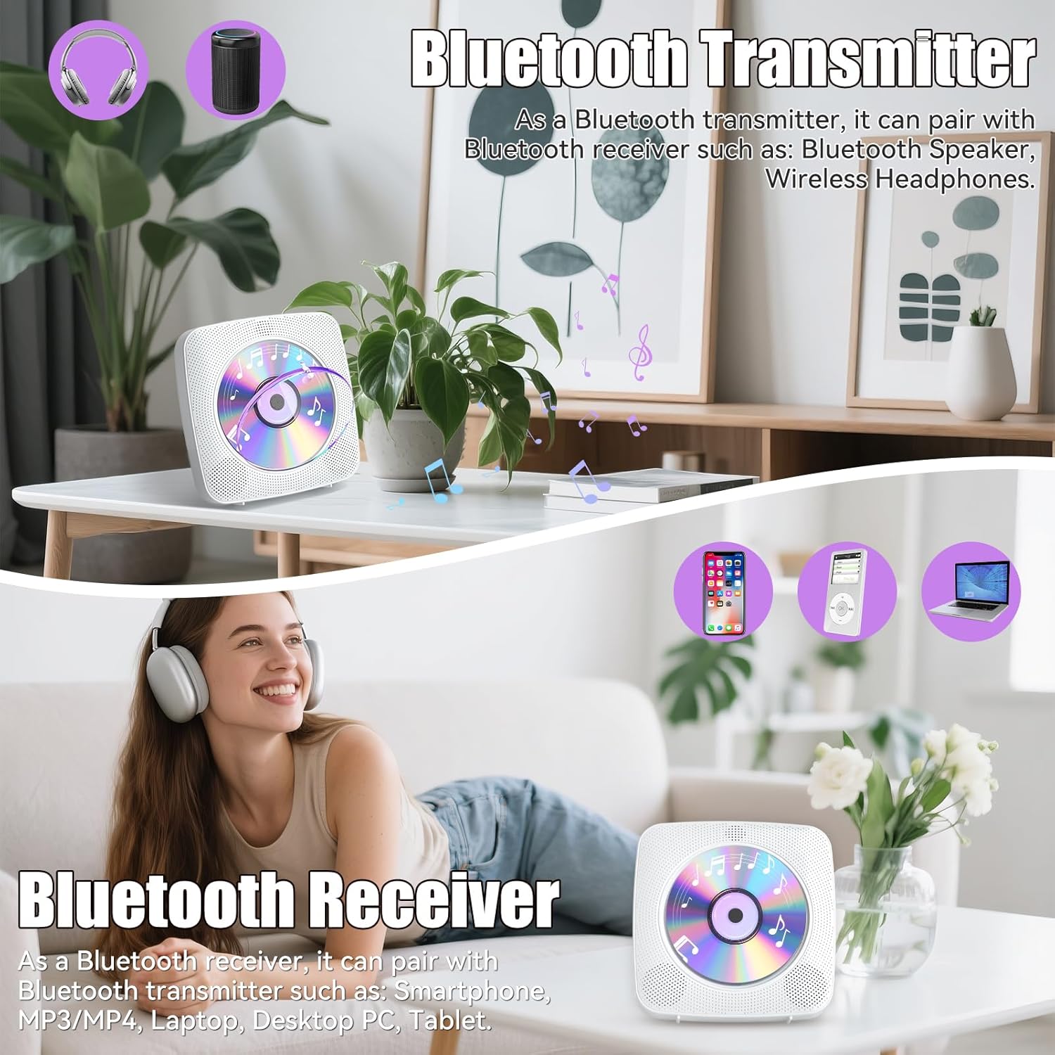 Gueray CD Player illustrating Bluetooth Transmitter mode connecting to wireless headphones and speaker, and Bluetooth Receiver mode connecting to smartphone, MP3 player, laptop, and tablet.