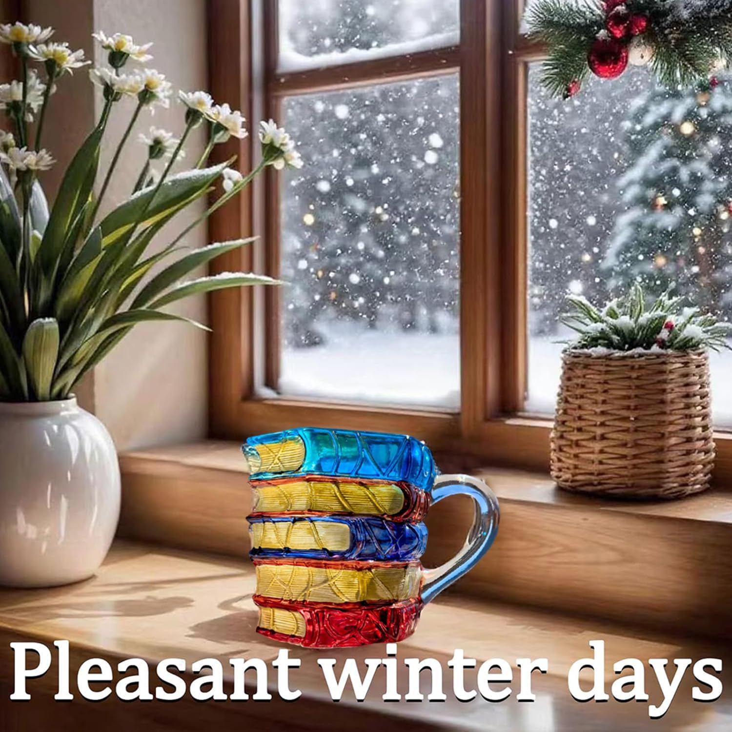 Hand-Painted Book Design Glass Coffee Mug, 7oz, Red and Blue Vintage Pattern, Tea Cup with Handle for Readers, Bookworm, Ideal Gift for Christmas, Birthday (Small) - Image 9