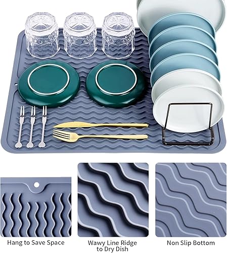 Miniatura 4 de Tapete de silicona para secar platos, 2 paquetes de tapete de silicona antideslizante, tapete de secado fácil de limpiar, tapete escurridor de