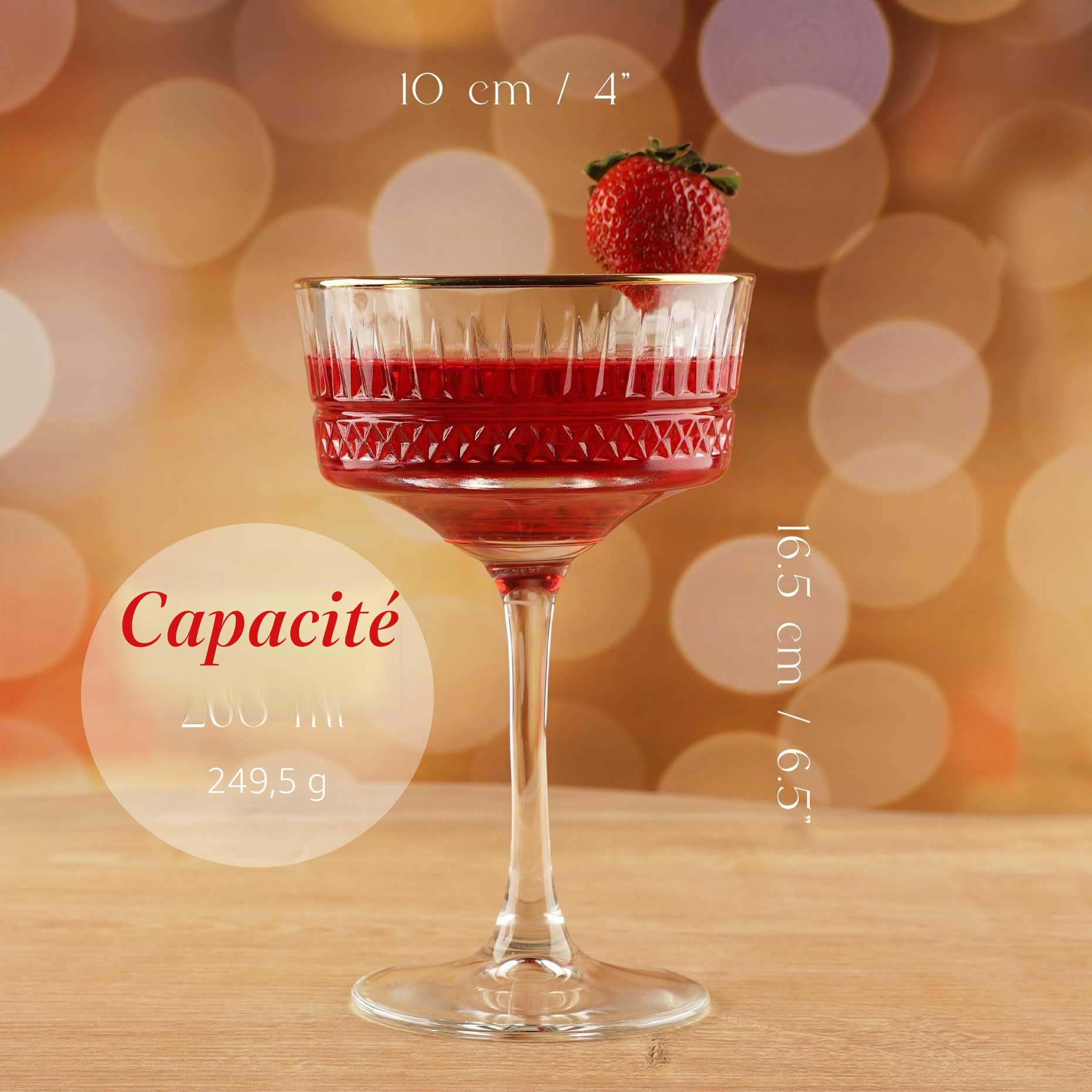 Verres Coupés à Bords Dorés Vintage Lot de 4, 260 ml/8,8 oz. Champagne, Cocktail, Martini, Verres à Vin, Verre à Gin et Prosecco, Verrerie à Longue Tige