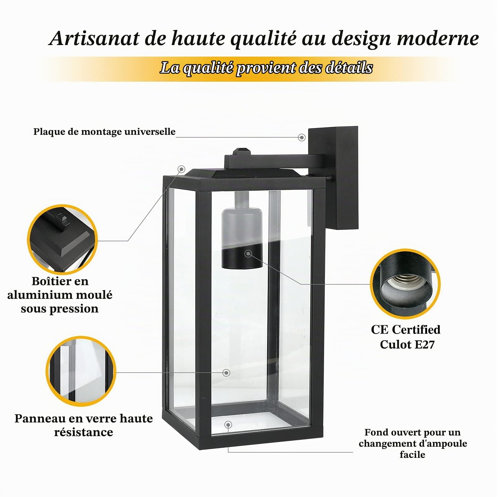 HLFVLITE Applique Murale Extérieure, Max 60W E27 Applique Extérieure en Aluminium, IP44 Lanterne Murale Extérieure Étanche pour Porche Entrée Porte Garage, Noir Mat