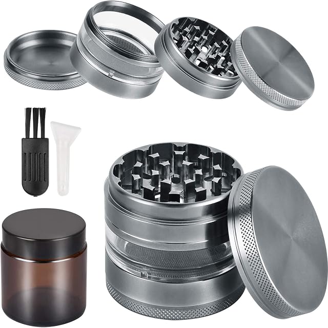 Joymaking Herb Grinder, 2.5" Aluminum Alloy Transparent Spice Grinder with Storage Jar, 4 Pieces Pollen Catcher & JarIncludes Stainless Steel Screen, Pollen Scraper (Grey, 2.5")