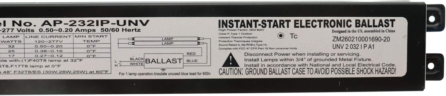 Accupro AU-232IP-UNV Fluorescent Ballast, 2-Lamp, F32T8, 32W T8, 120/277V