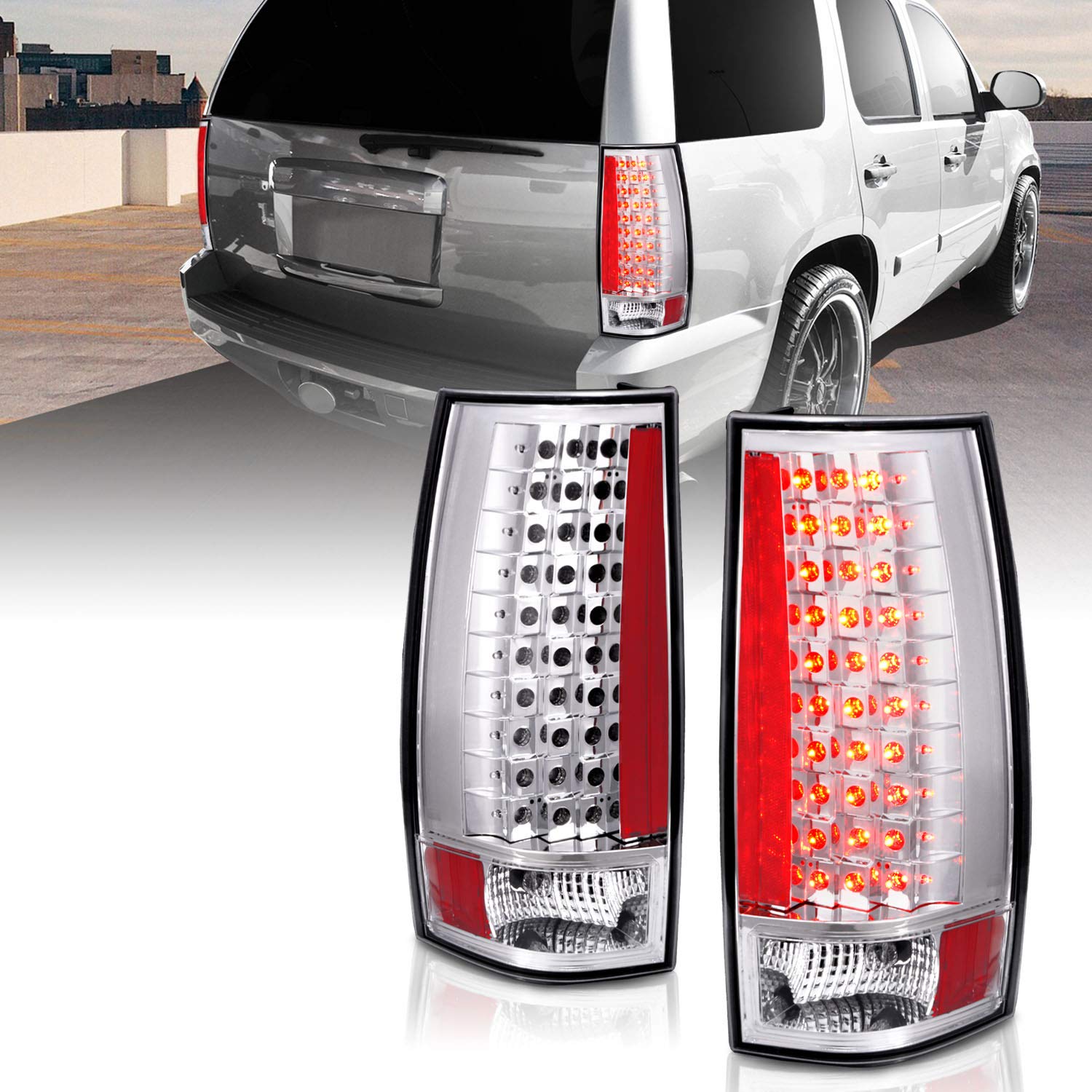 AmeriLite Chrome LED Replacement Tail Lights Set For Chevy GMC Tahoe/Suburban/Yukon - Passenger and Driver Side