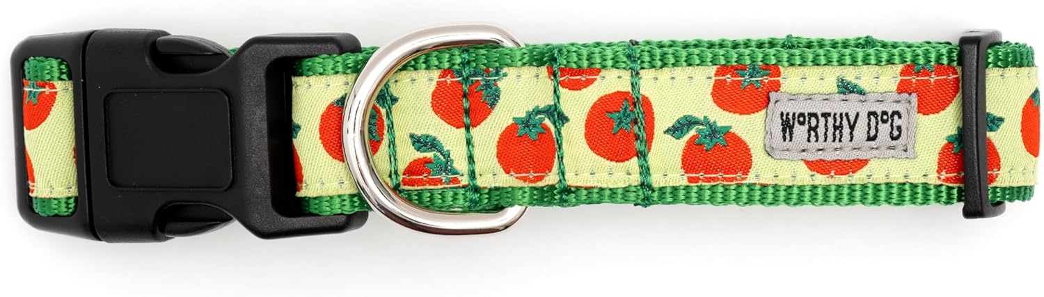 THE WORTHY DOG Collar for Medium Dogs, Adjusts 12-18 inches, Durable Nylon Webbing, Quick Release Buckle, Tomatoes Pattern, Lime Green, Medium