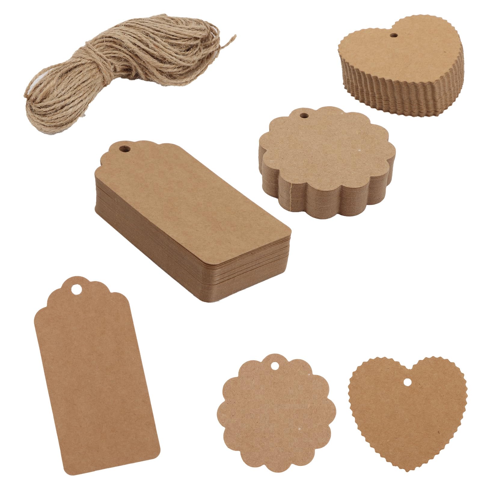 Norbiariz 120 Pack Kraft Paper Gift Tags with Natural Jute Twine Mixed Shapes Rectangle Scalloped Round Heart Blank Hang Labels for Gift Wrapping Wedding Craft Pricing Retail Decor Tags