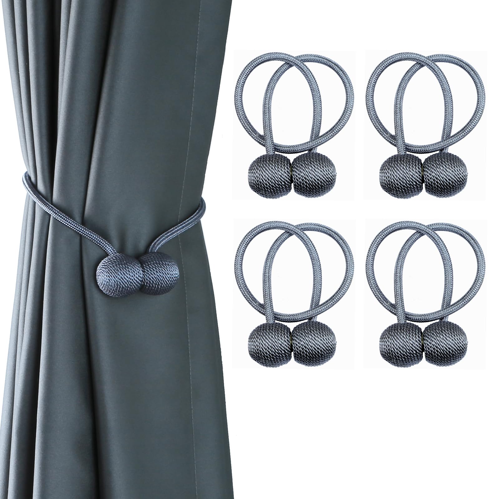 BEL AVENIR Magnetic Curtain Tiebacks European Style Strong Magnetic Handmade Rope Curtain Holders for Home Office Decorative(Dark Grey, 4P)
