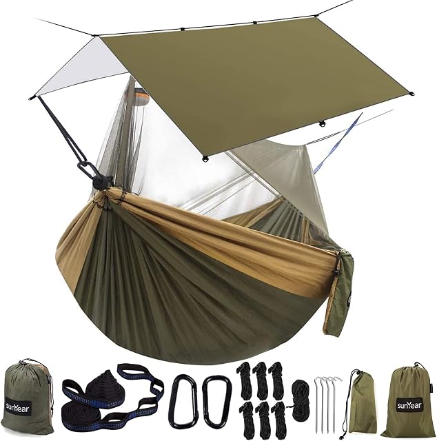 Sunyear Camping Hammock with Rain Fly Tent | Easy Assembly, Waterproof Camping Hammock with Net and Protective Cover | Comprehensive Camping Kit| Sturdy, Resistant Hammock and Tent