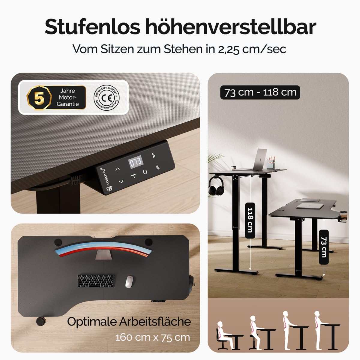 Casaria® Höhenverstellbarer Schreibtisch 160x75 cm elektrisch mit Kopfhörerhalter Tassenhalter Modern Büro Gaming PC Computer Tisch Schwarz Carbon-Optik