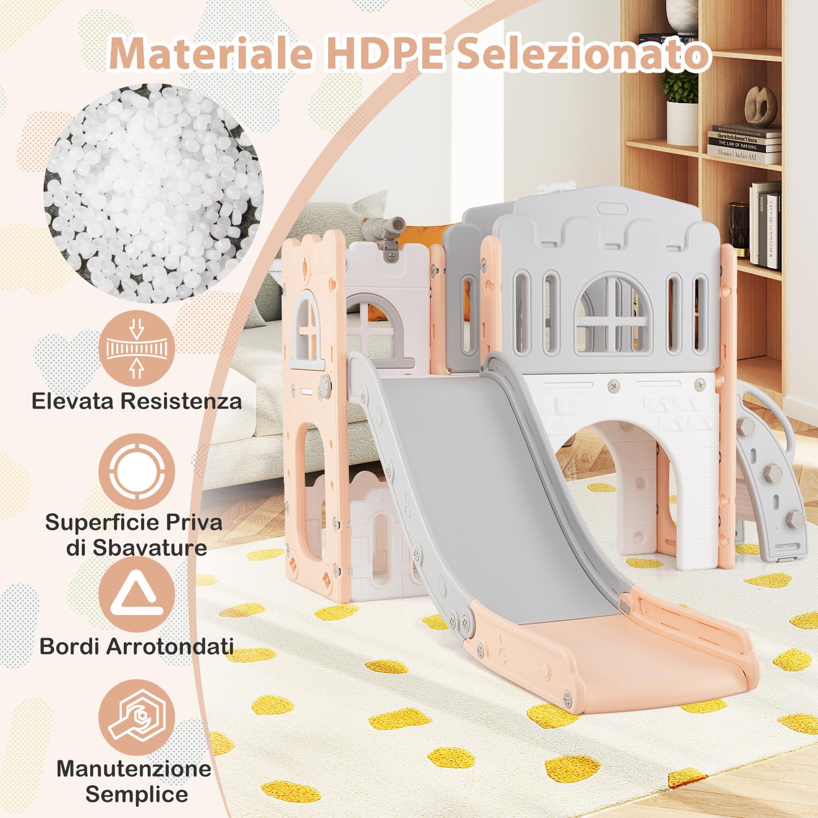 COSTWAY Scivolo per Bambini 9 in 1, Set da Gioco con Canestro da Basket, Telescopio, Volante, Corridoio, Tunnel e Spazio di Archiviazione, Scivolo da Interno ed Esterno per 1+ Anni (Rosa+Grigio)