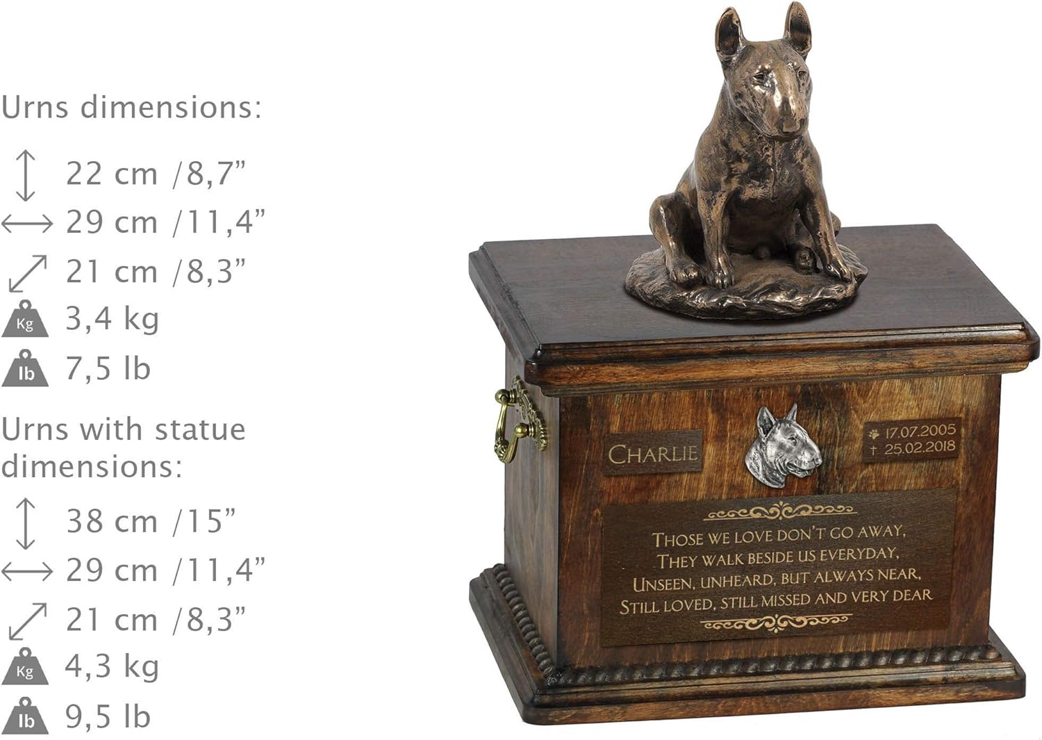 Art-Dog Custom Dog Sitting Statue Memorial Urn - Handmade Cold Cast Bronze on Birch Base – Sturdy and Stylish Urn for Dog’s Ashes – 8.3x11.4x8.7 – 5l – Bull Terrier IX