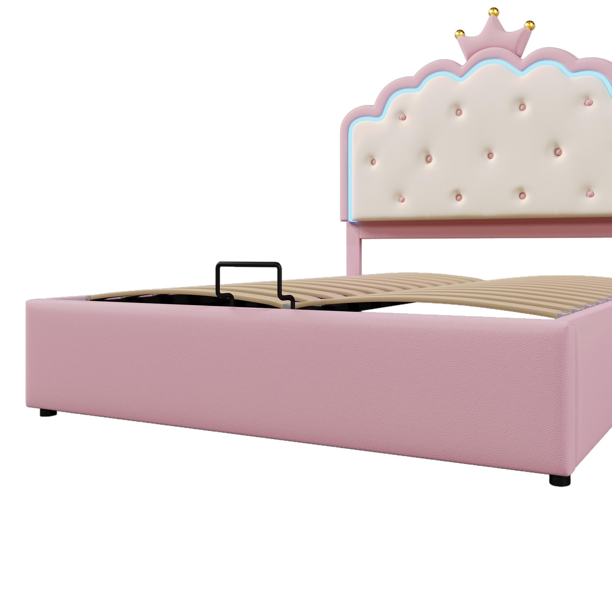 Cama tapizada con somier (sin colchón), luz ambiental teledirigida, forma de princesa heredera, almacenamiento hidráulico, material PU, rosa (140 x 200 cm)