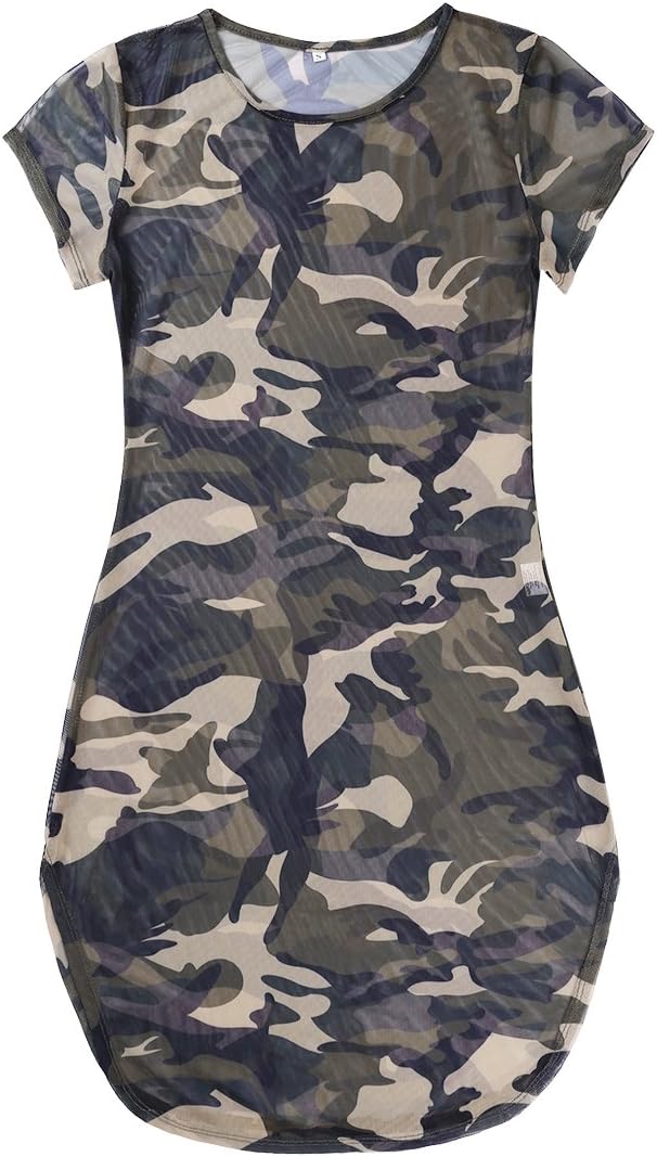 Hansber Womens One Piece Lingerie Mini Dress Camouflage Side Slit T-Shirt Sheer Mesh See Through Teddy Nightwear