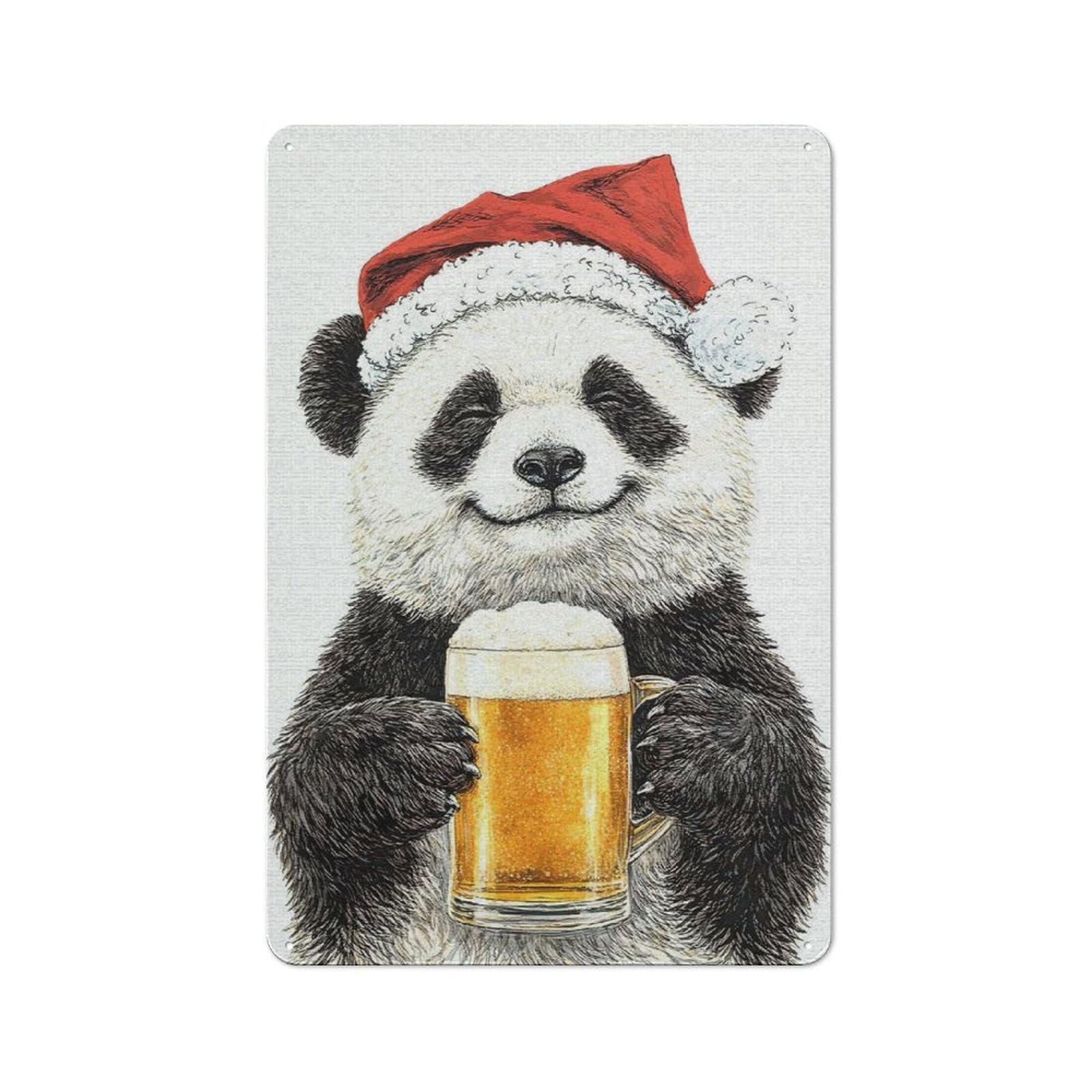 Junmoney Style-9 Panda In Santa Hat With Beer Rustic Metal Plaque 30X20cm For Living Room Or Hallway, For Garage, Workshop And Man Cave Decoration