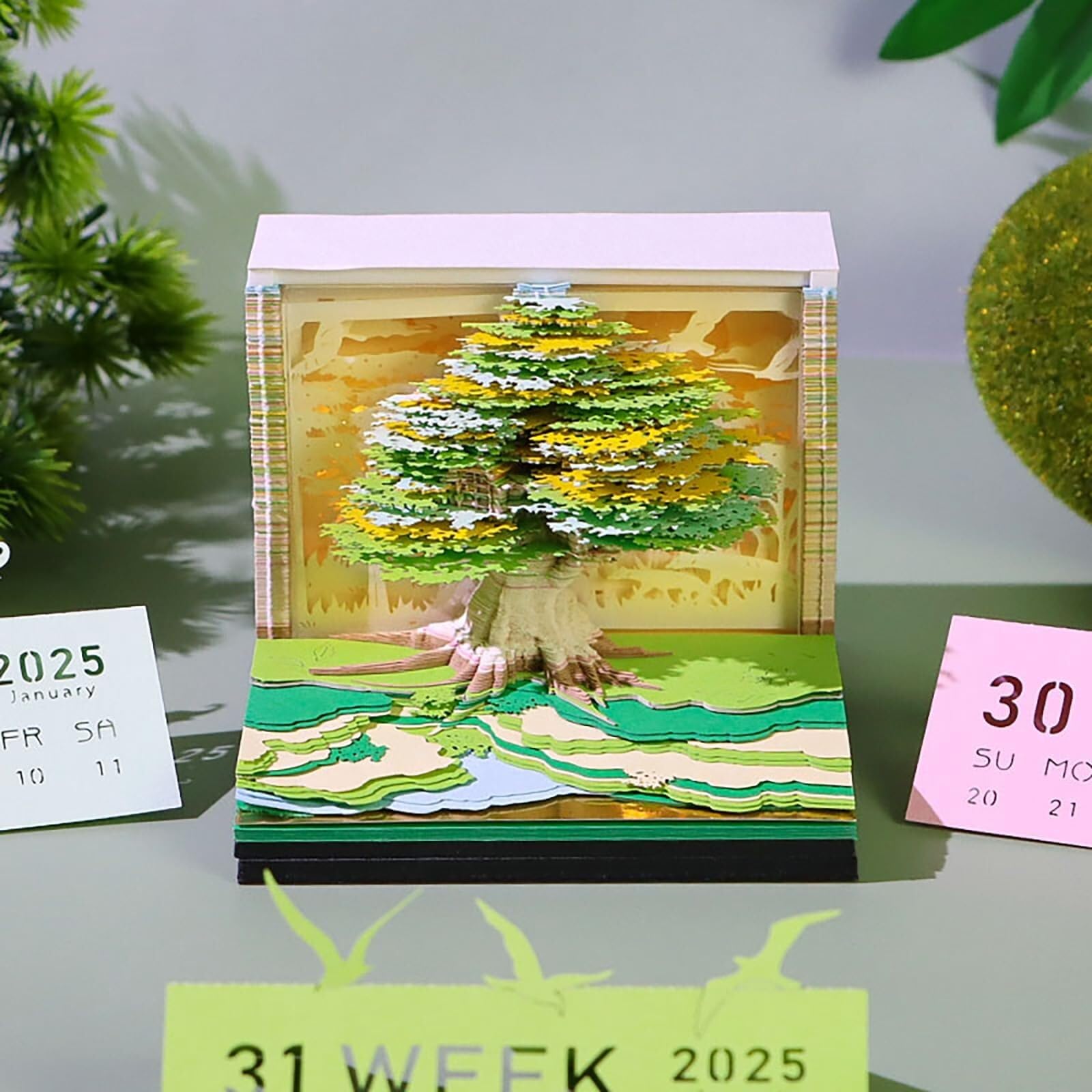 Inspirierender Tischkalender Kalender 2026, Schreibtisch-Notizblock mit 3D-Katzenmotiv aus Papier, Geschenkidee Geschenke für Kollegen(Tree-F,Without Light)