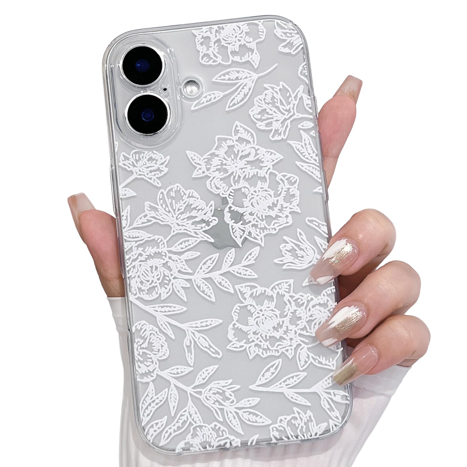 NITITOP Compatible with iPhone 16 Plus Case Clear Cute Line Flower Floral Rose Pattern for Women Girls Full Camera Lens Clear Slim Shockproof